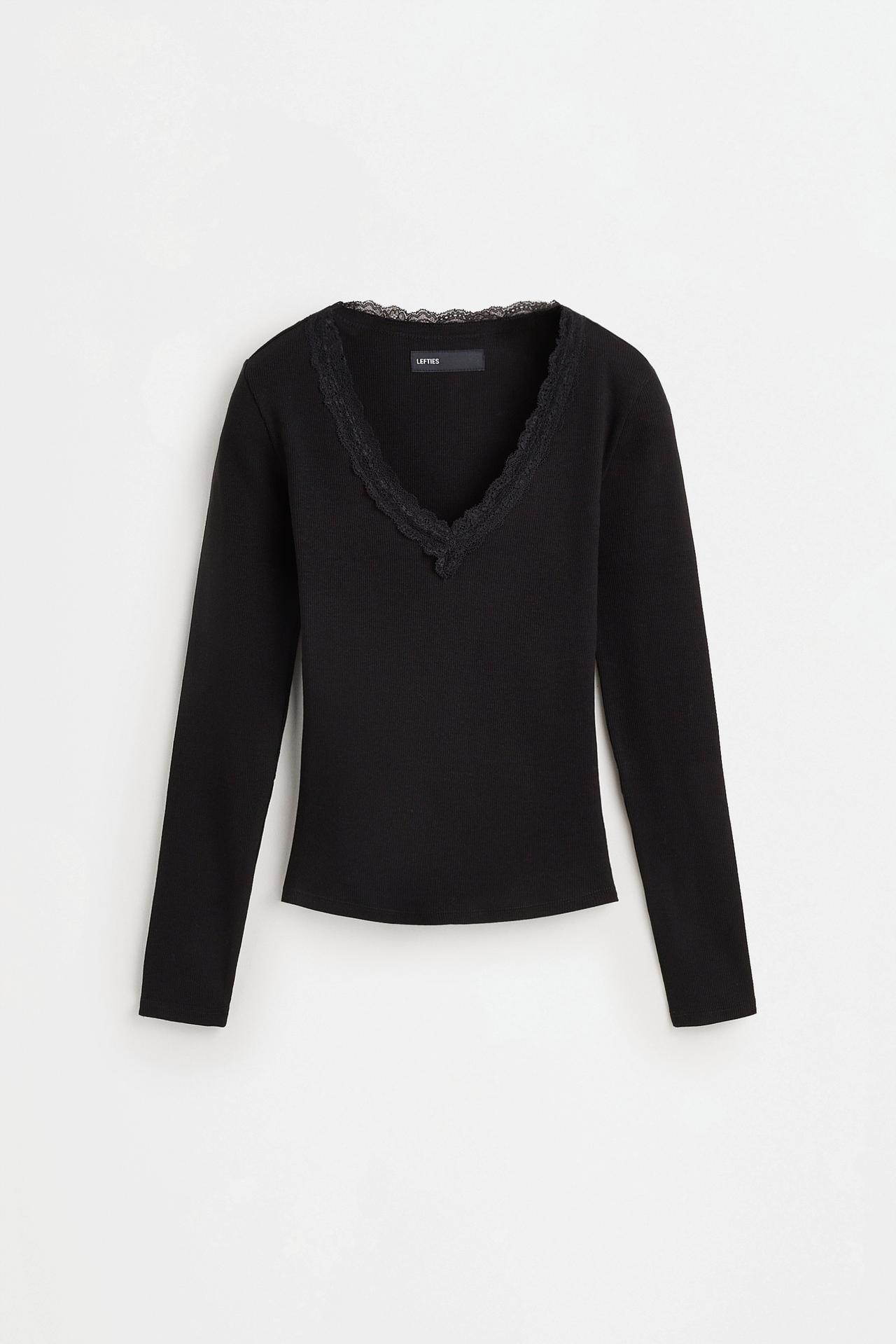 Lace neck T-shirt — BLACK