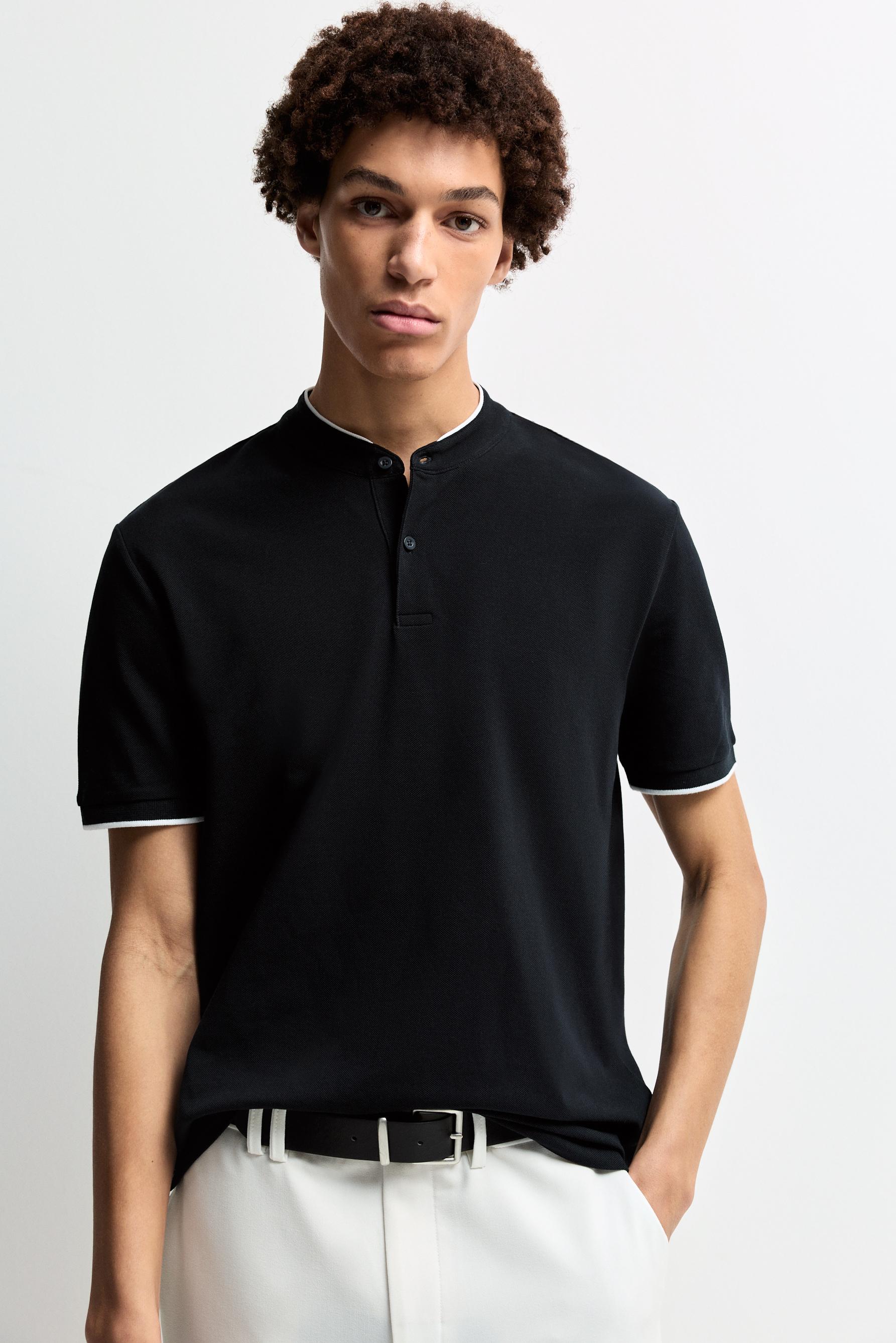 Contrast stand collar polo shirt — NAVY