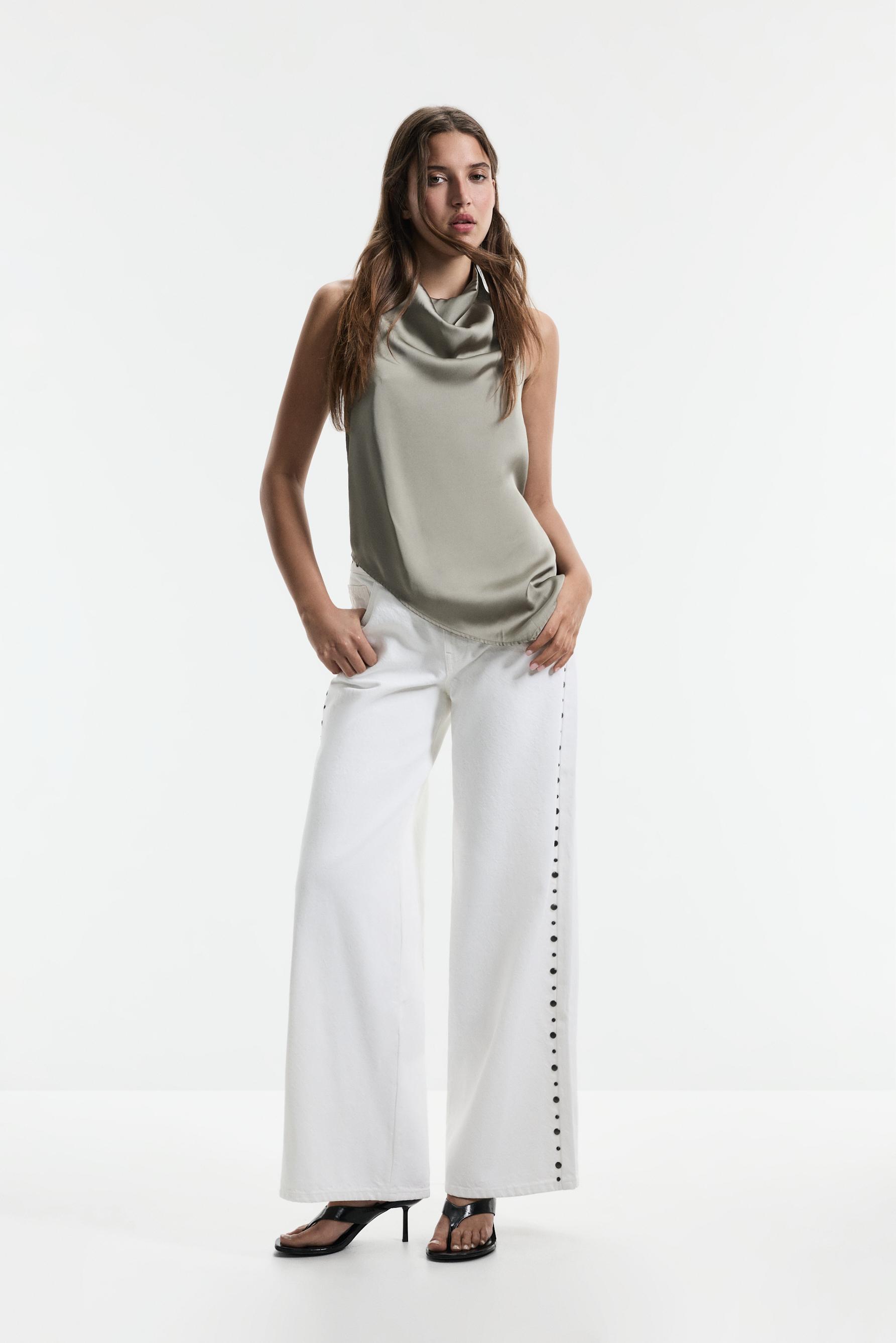 Studded wide-leg jeans — BEIGE