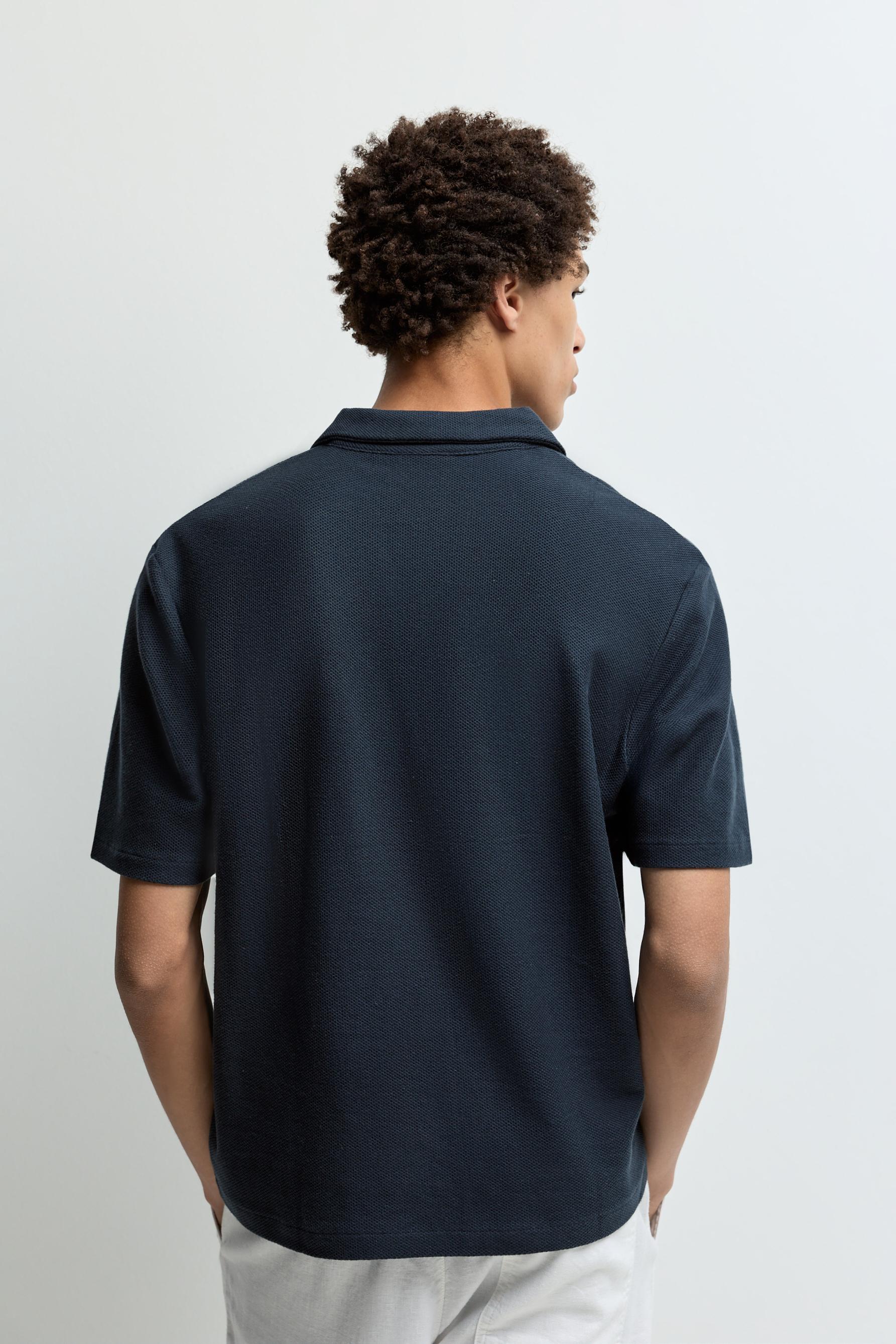 Textured V-neck polo shirt — FADED NAVY