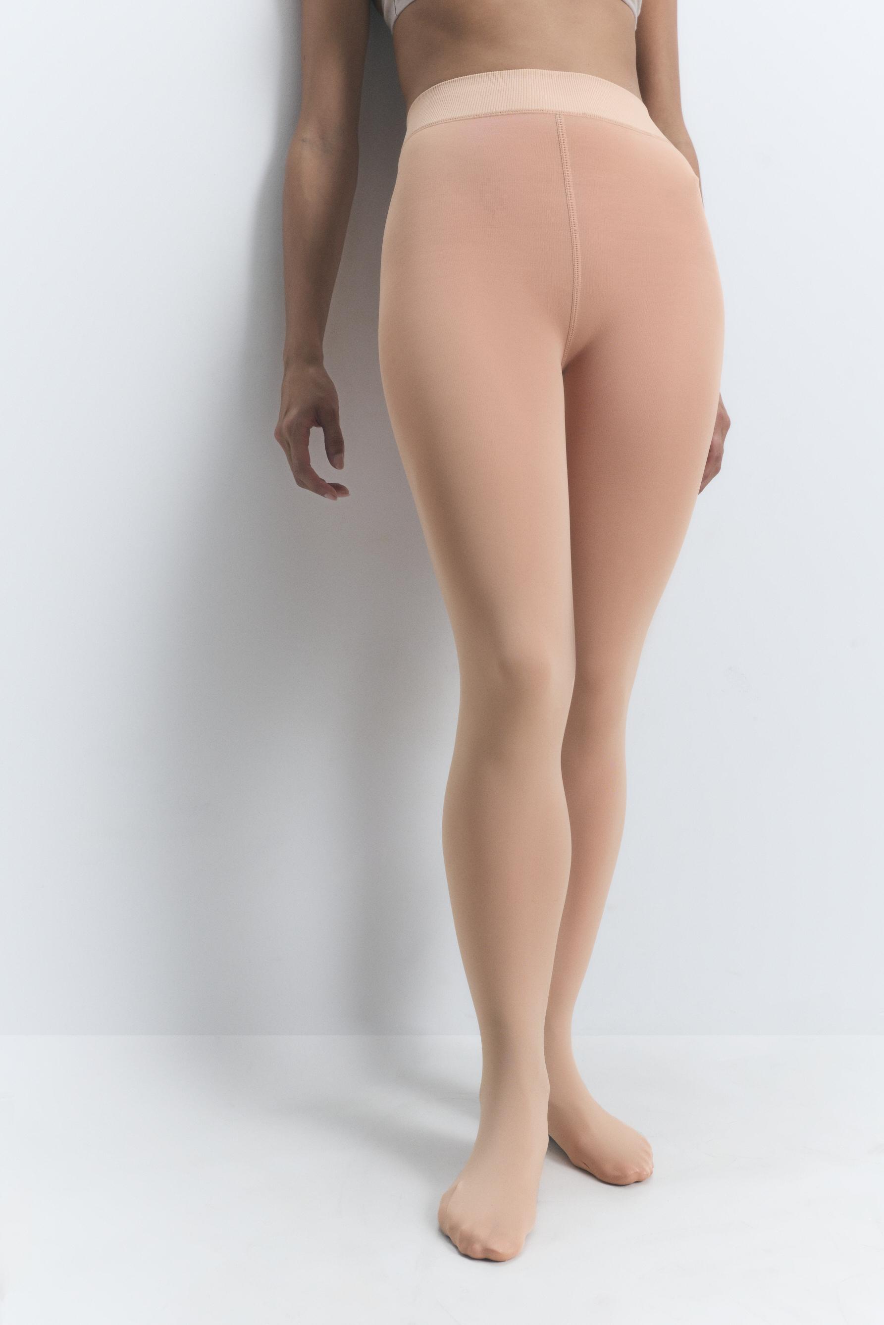 Leather effect fleece tights 200 den — ECRU