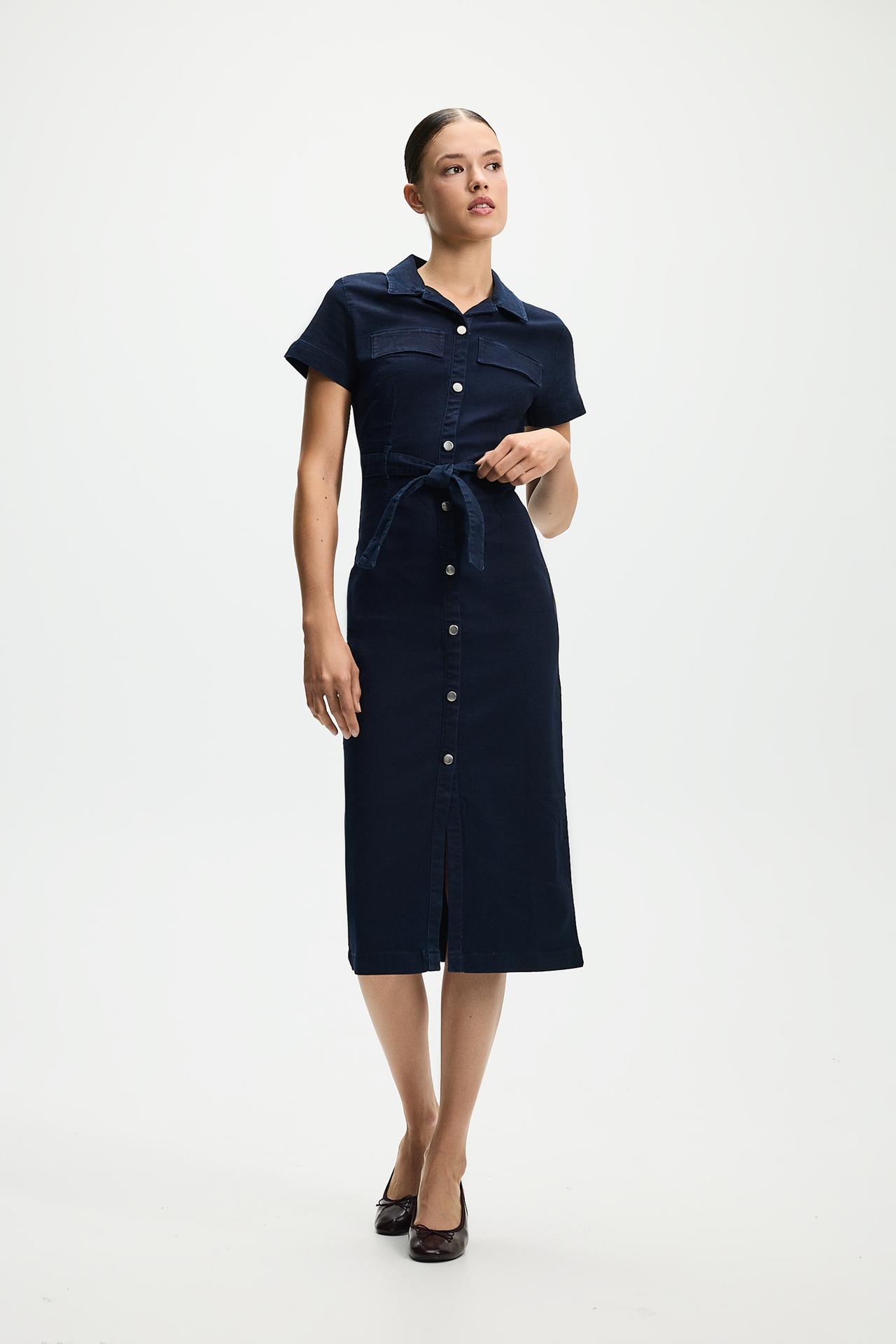 Fitted denim button-front dress — BLUE