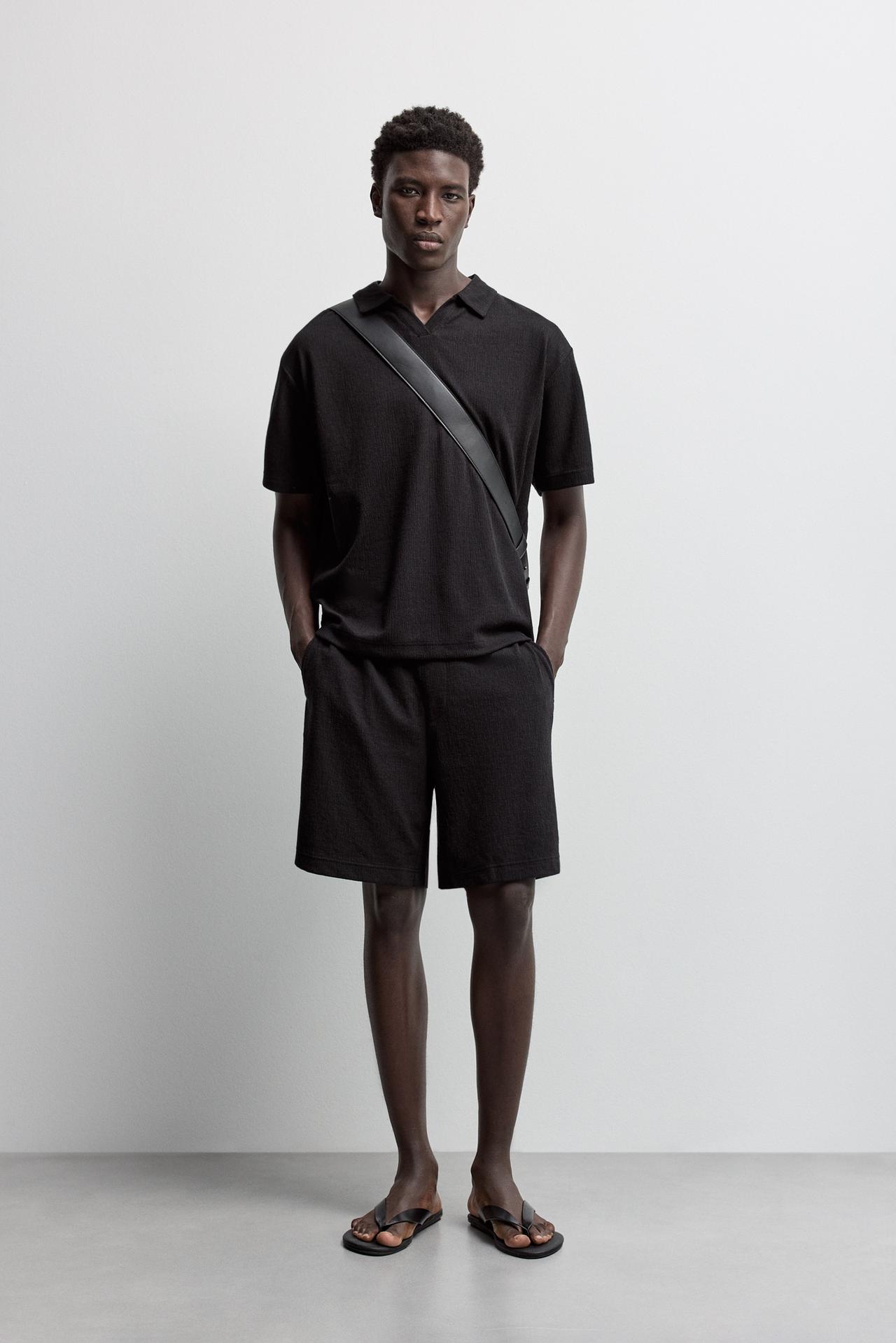 Rustic textured Bermuda shorts — BLACK