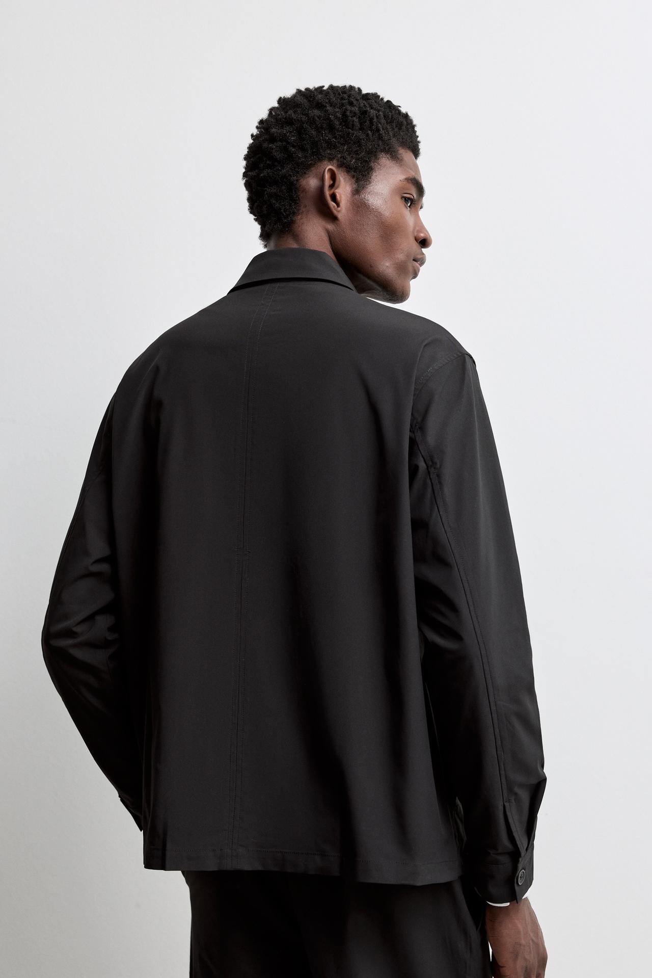 Button-Front Overshirt with Pocket — BLACK