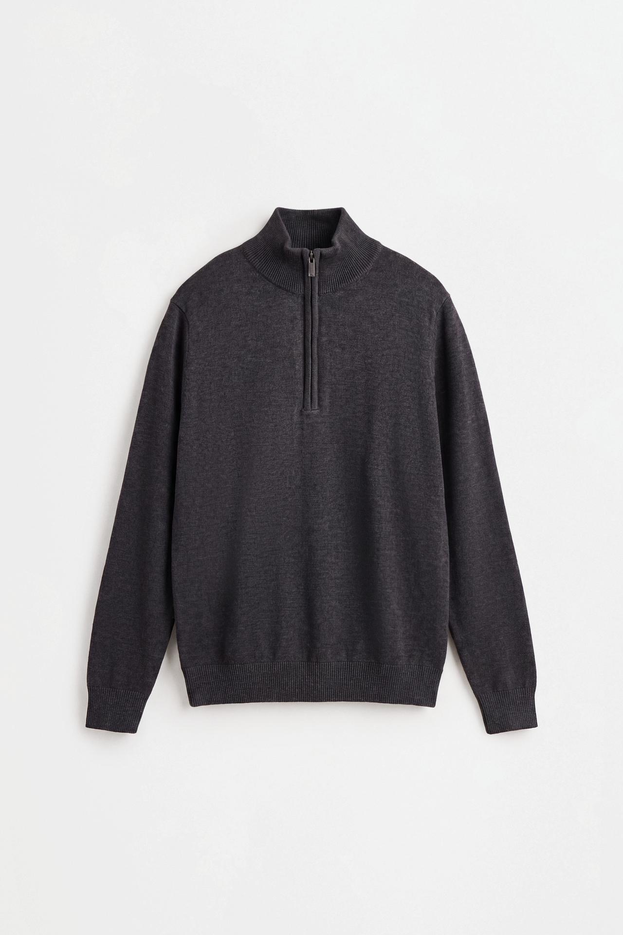 Zip-up high neck sweater — DARK GREY MARL