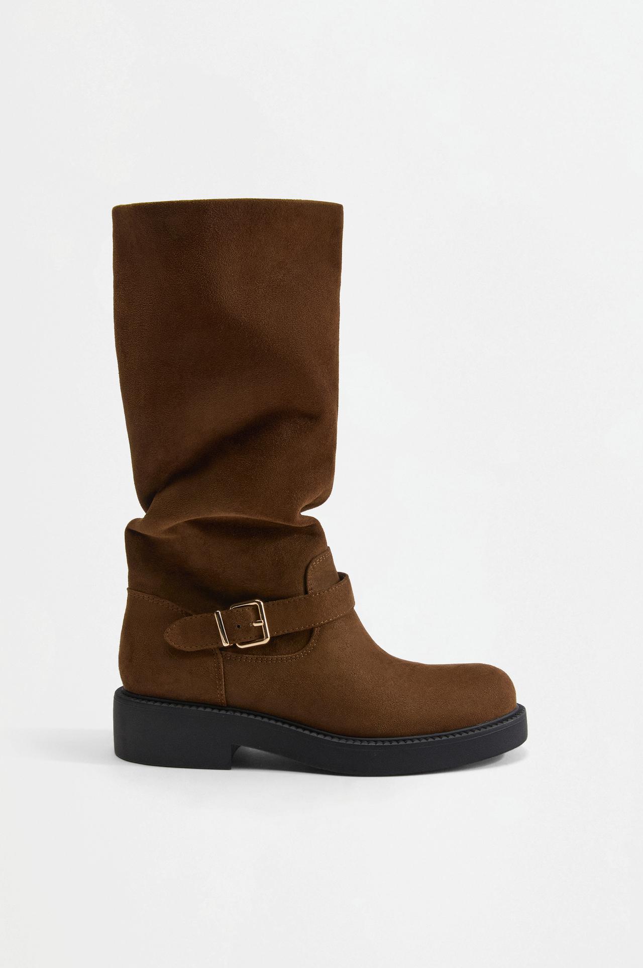 Knee-high boots with buckle and faux suede effect — LEATHER