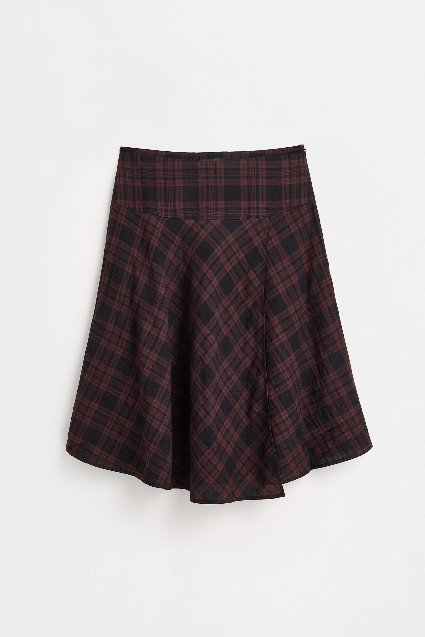 Asymmetric plaid midi skirt — BLACK-BROWN