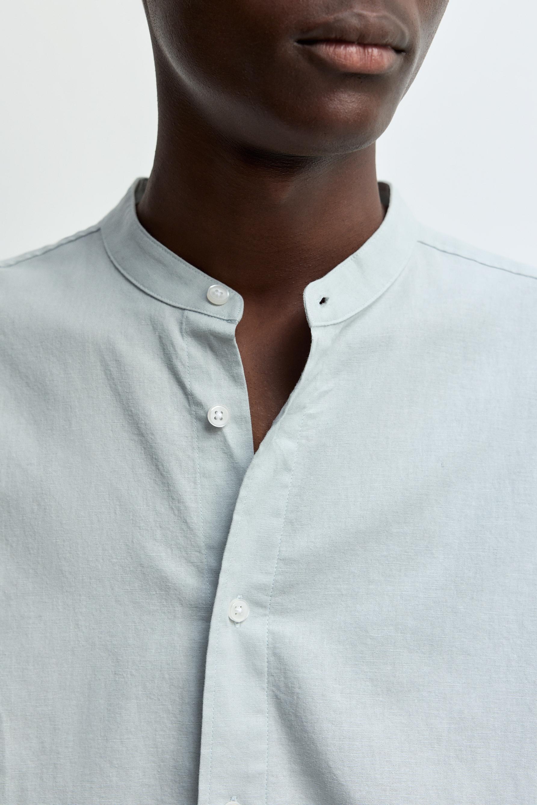 Linen-cotton stand collar shirt — PALE BLUE