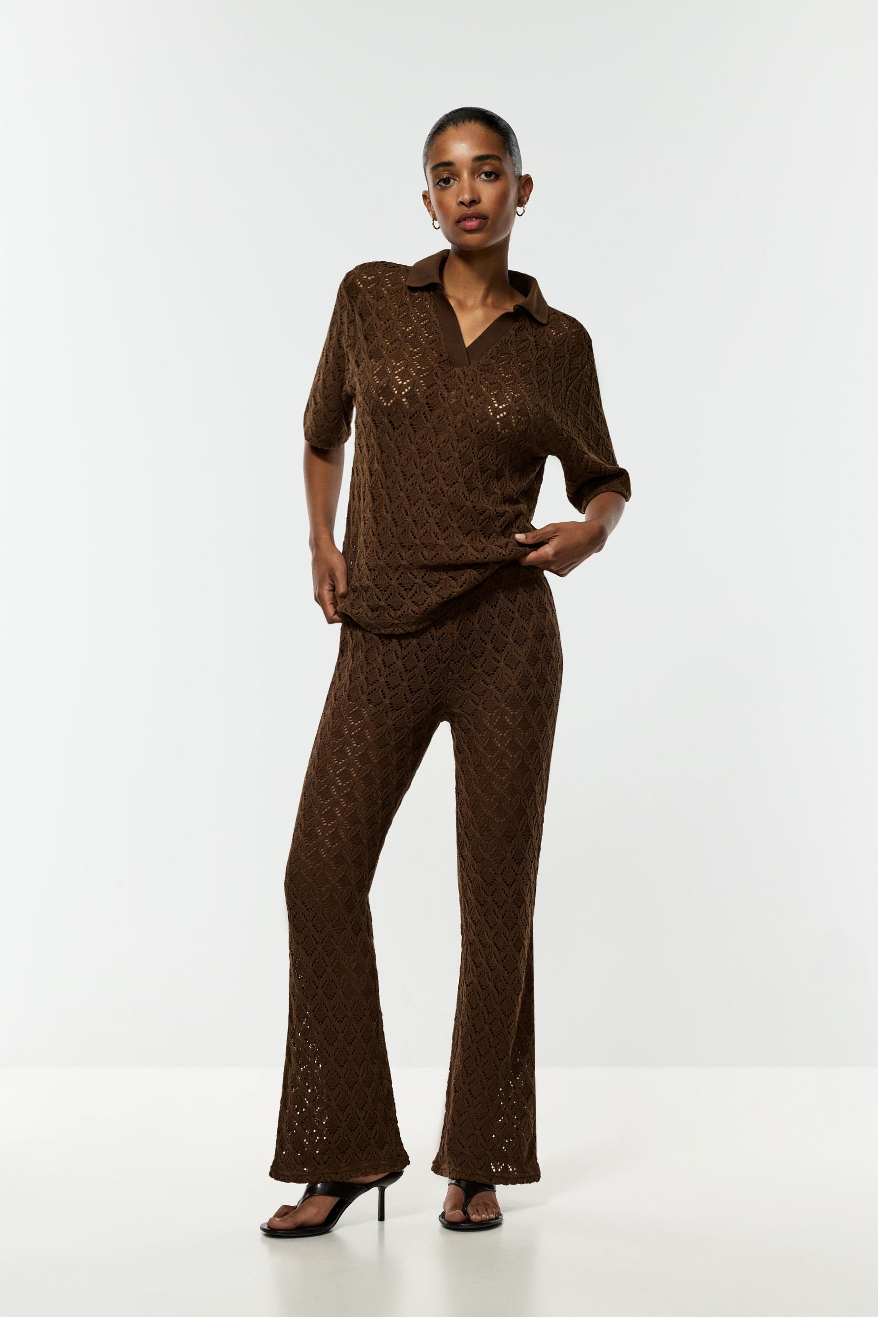 Crochet-effect bell bottom trousers — BROWN