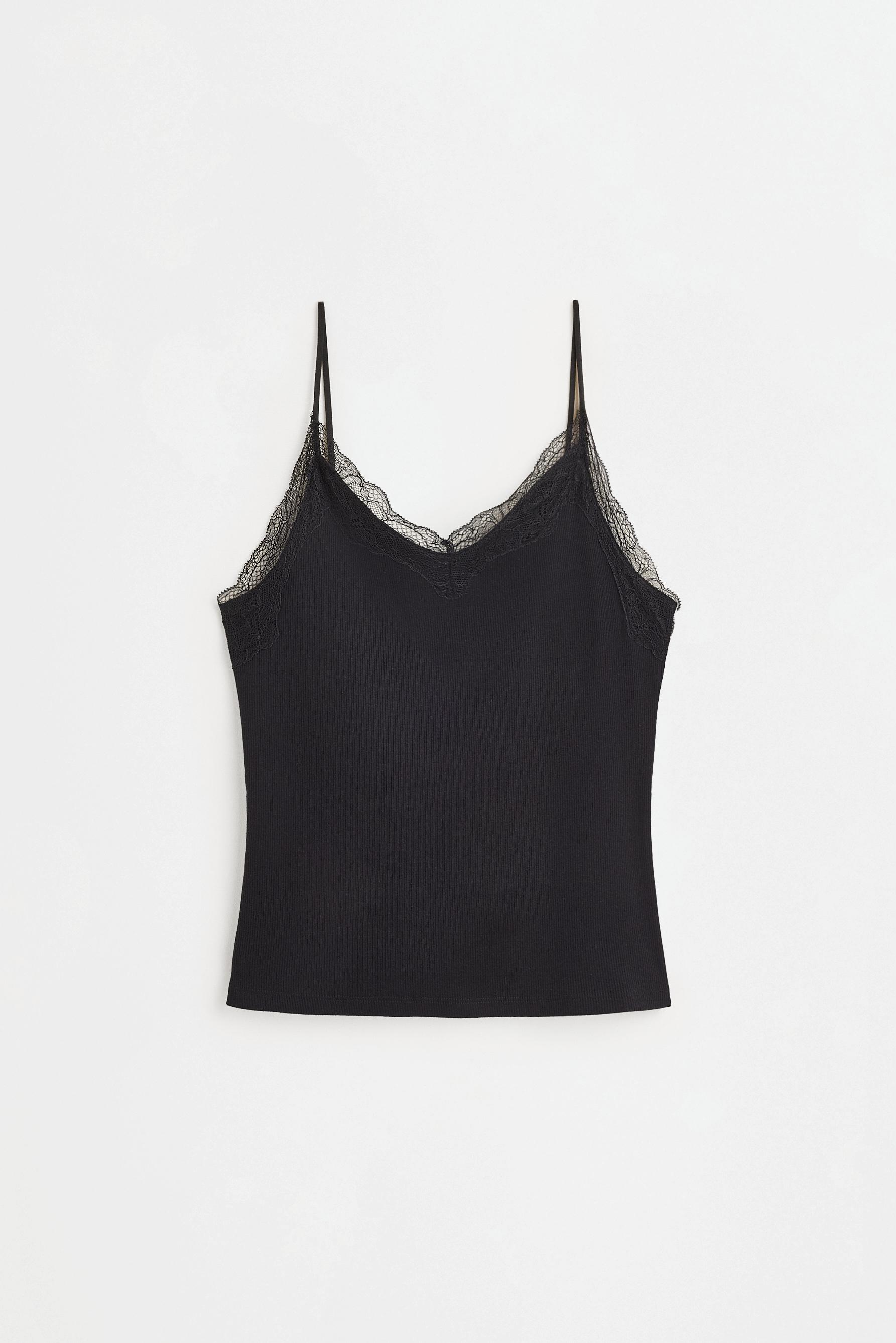 Ribbed lace camisole — BLACK