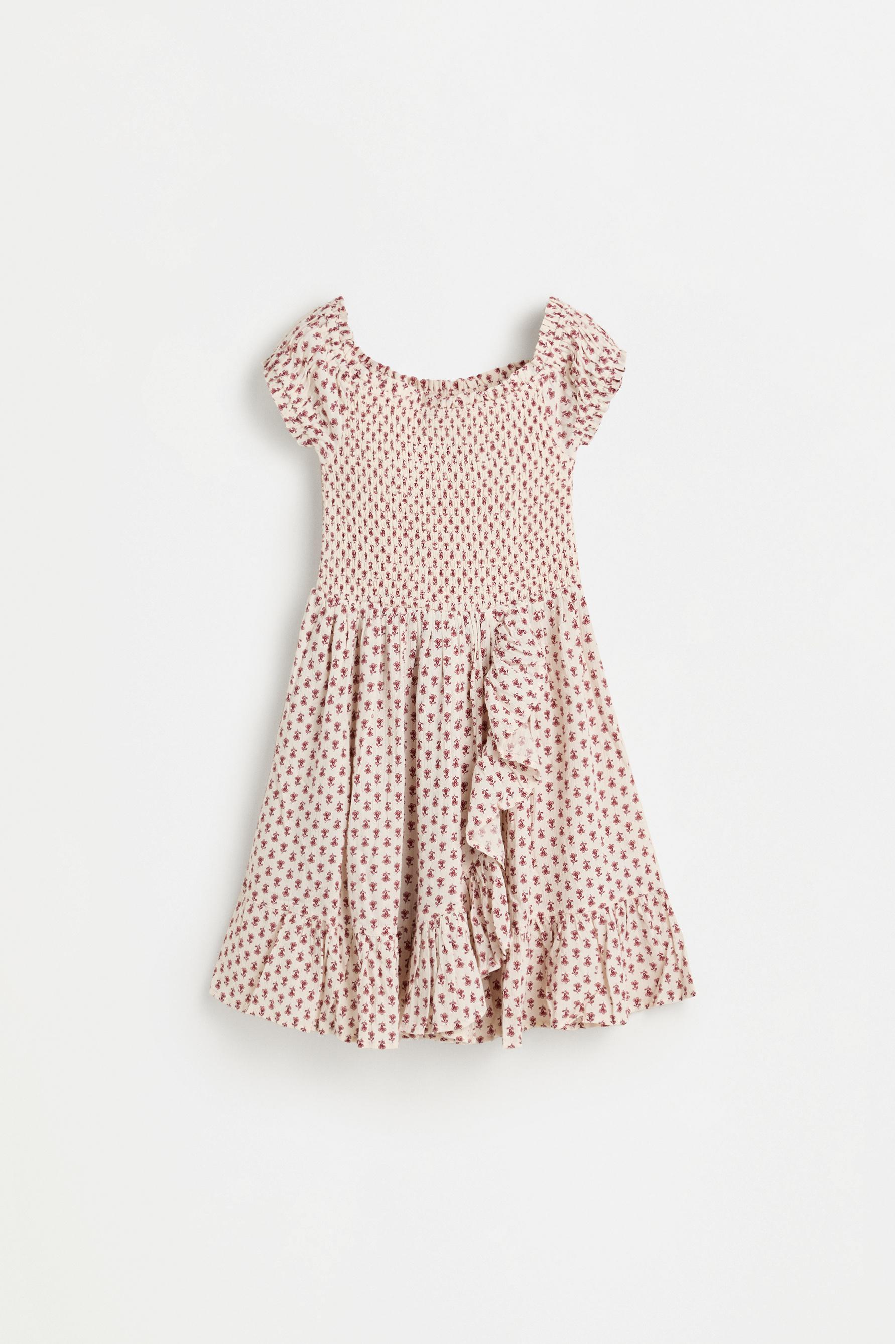 Smocked short dress — ECRU/MAROON