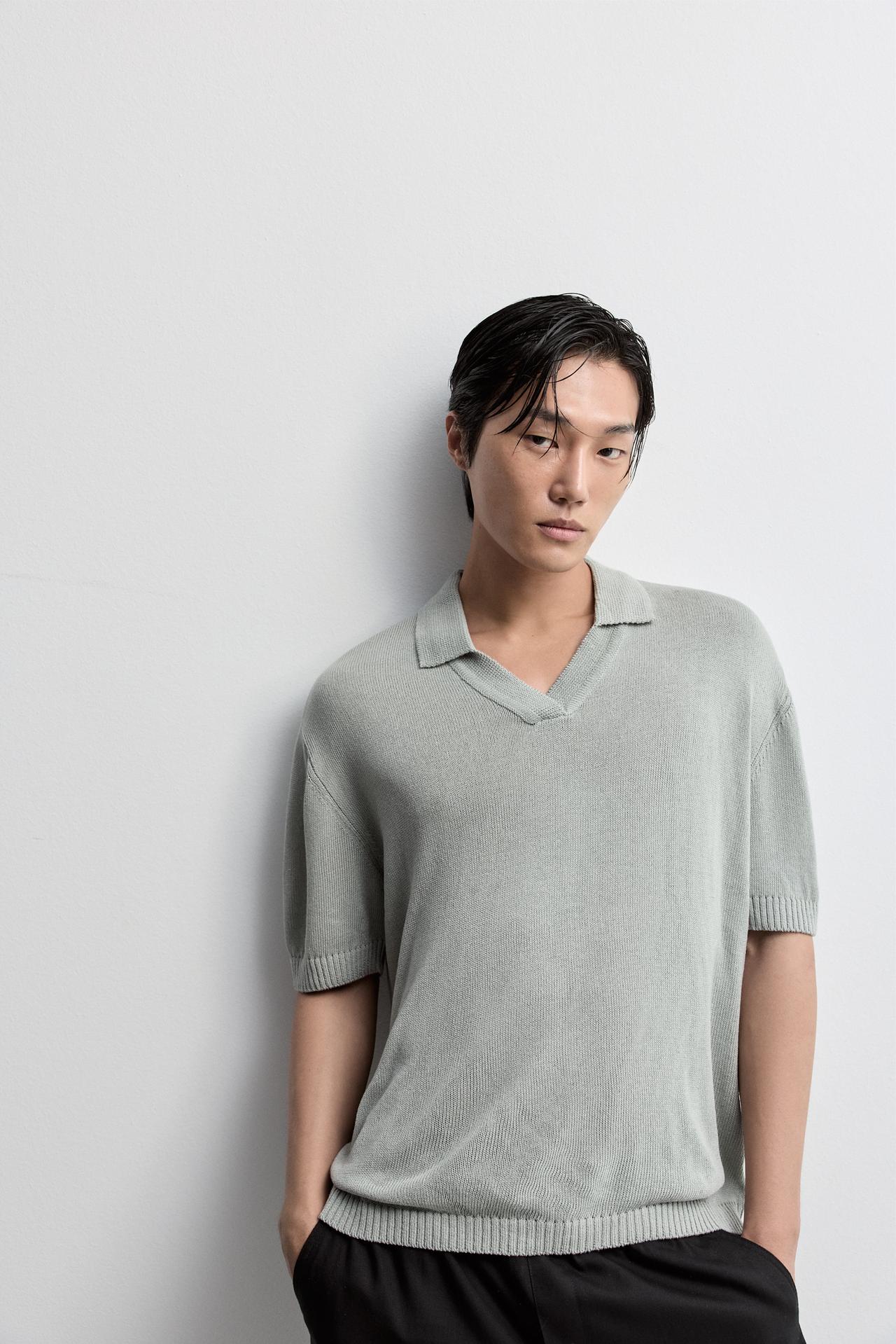 Linen blend knit polo shirt — WATER GREEN
