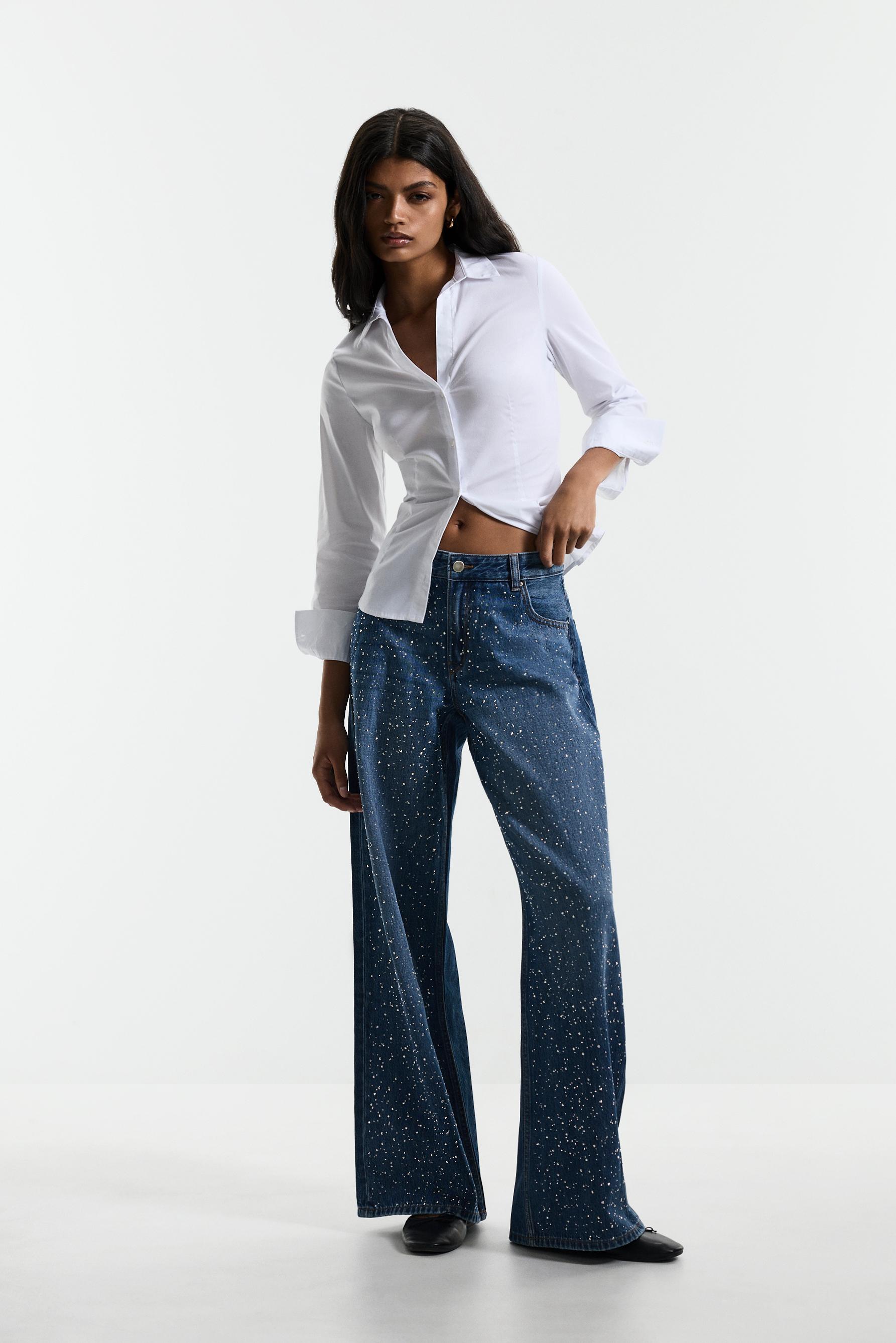 Wide-leg rhinestone jeans — FADED INDIGO