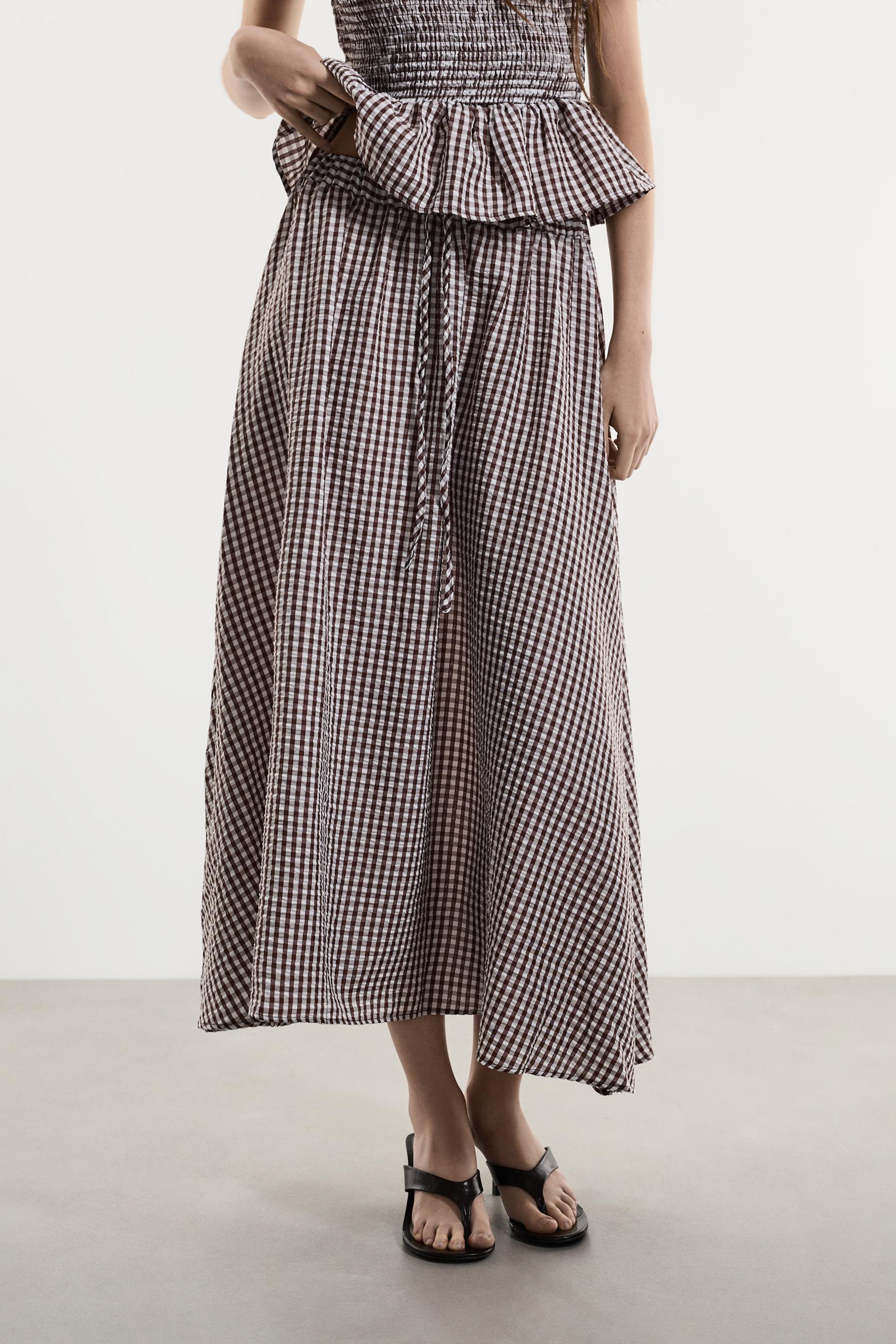 Gingham midi skirt — BROWN/WHITE