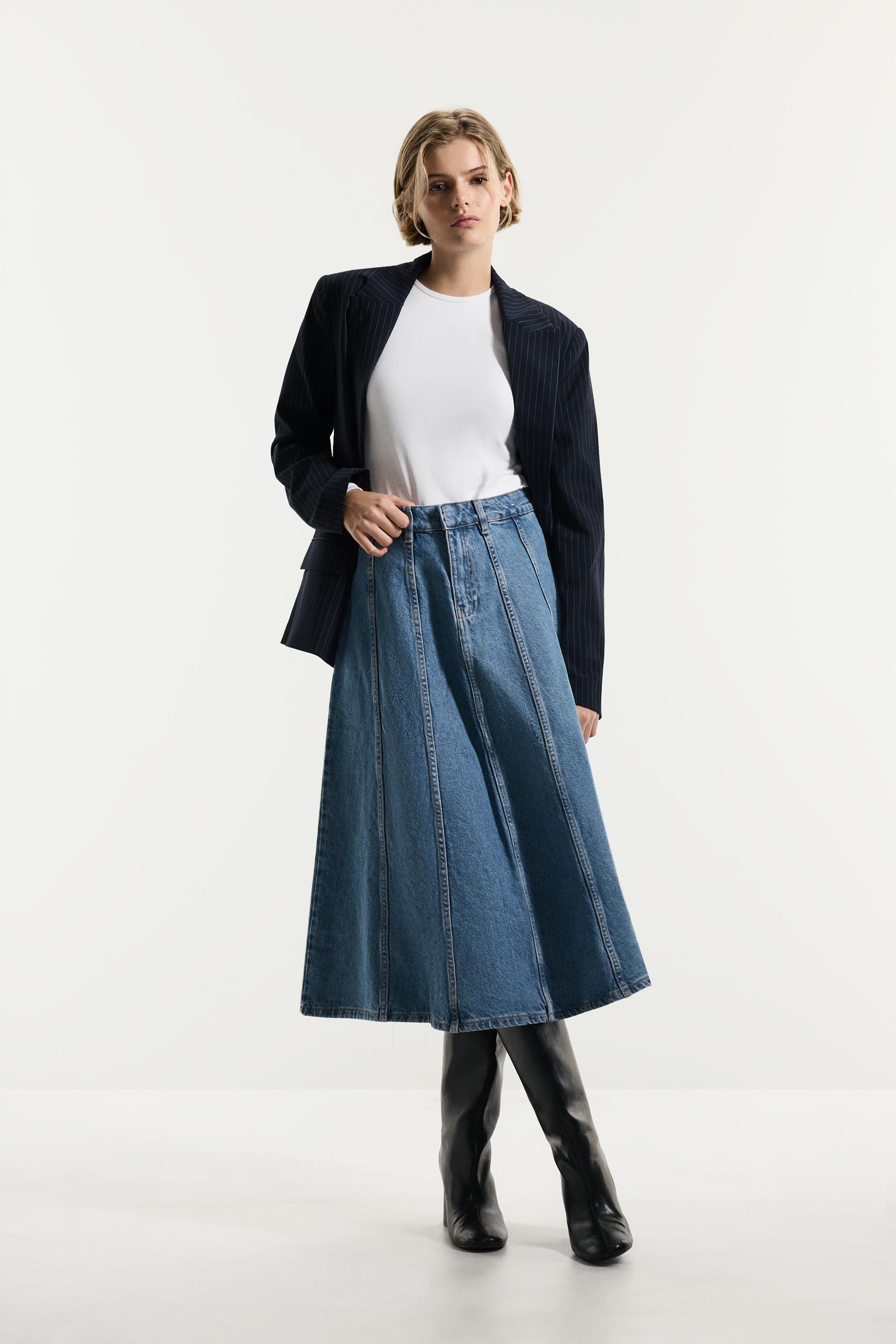 Godet denim midi skirt — FADED BLUE