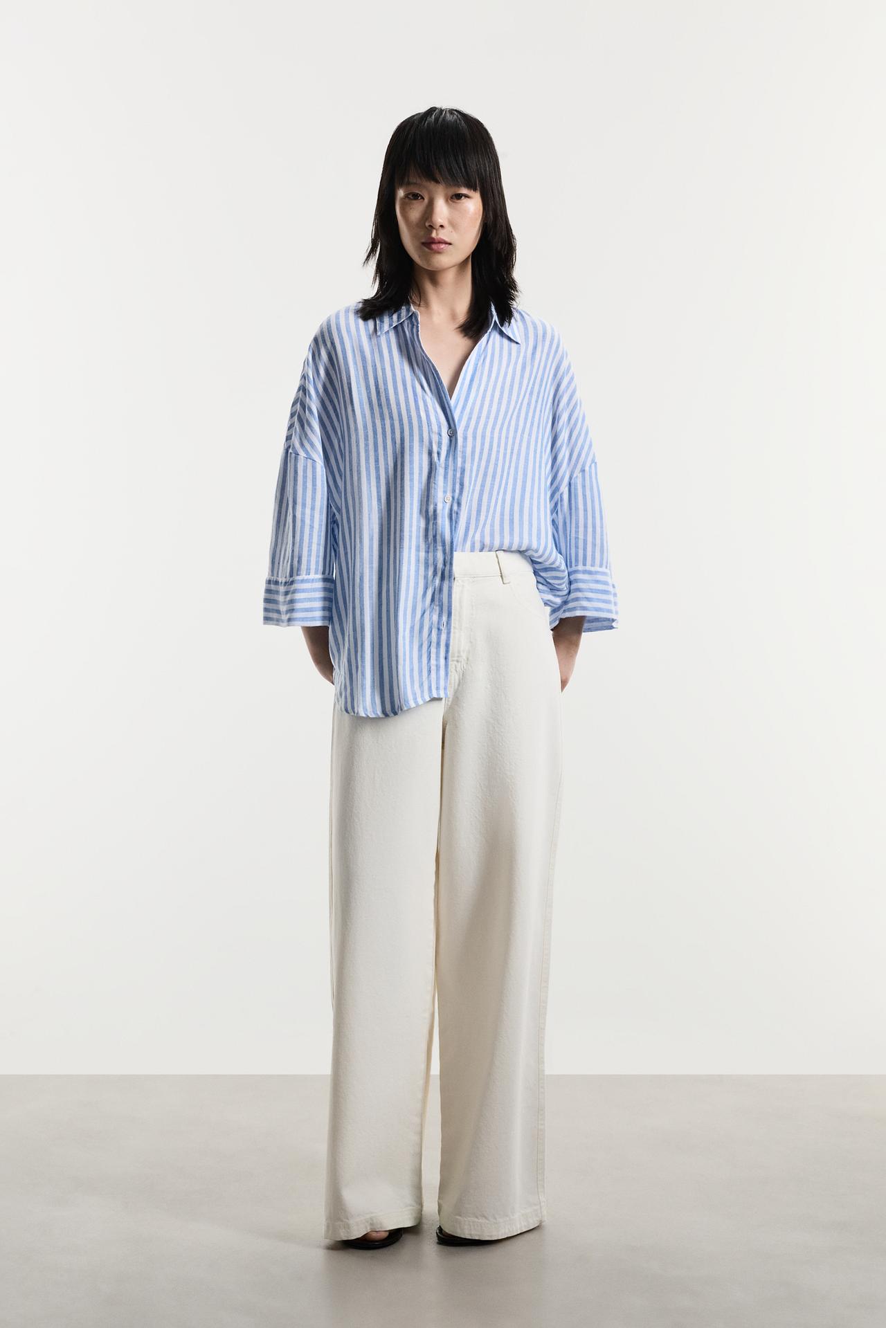 Wide sleeve shirt — BLUE/WHITE