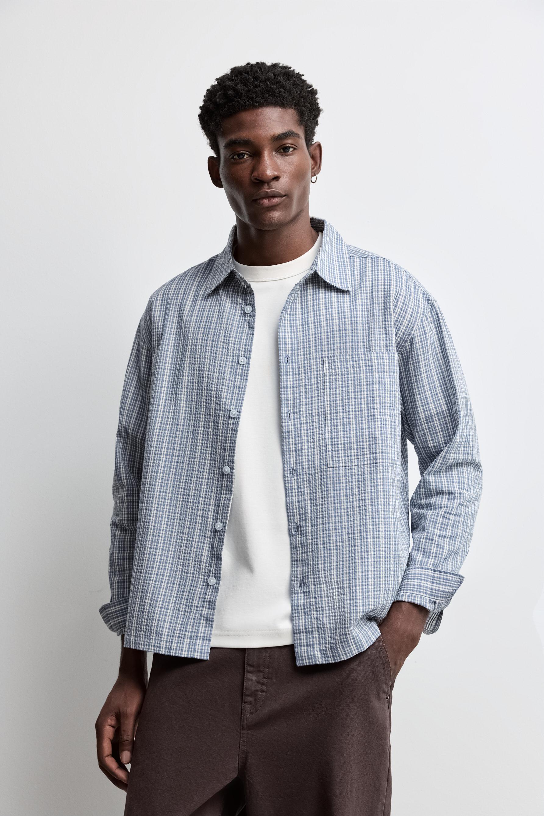 Textured check shirt — MEDIUM BLUE