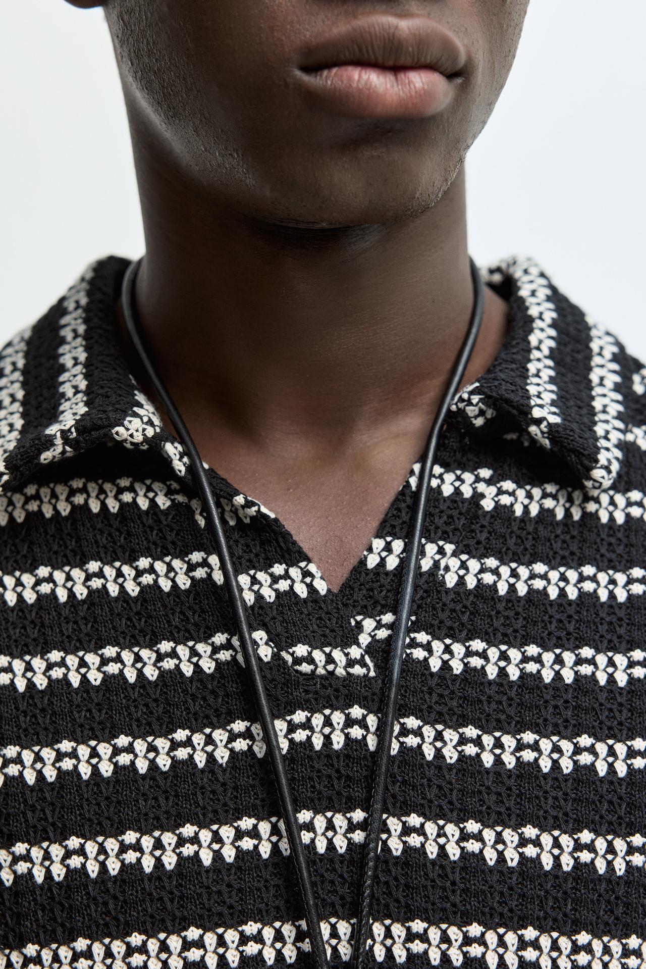 Textured striped polo shirt — BLACK