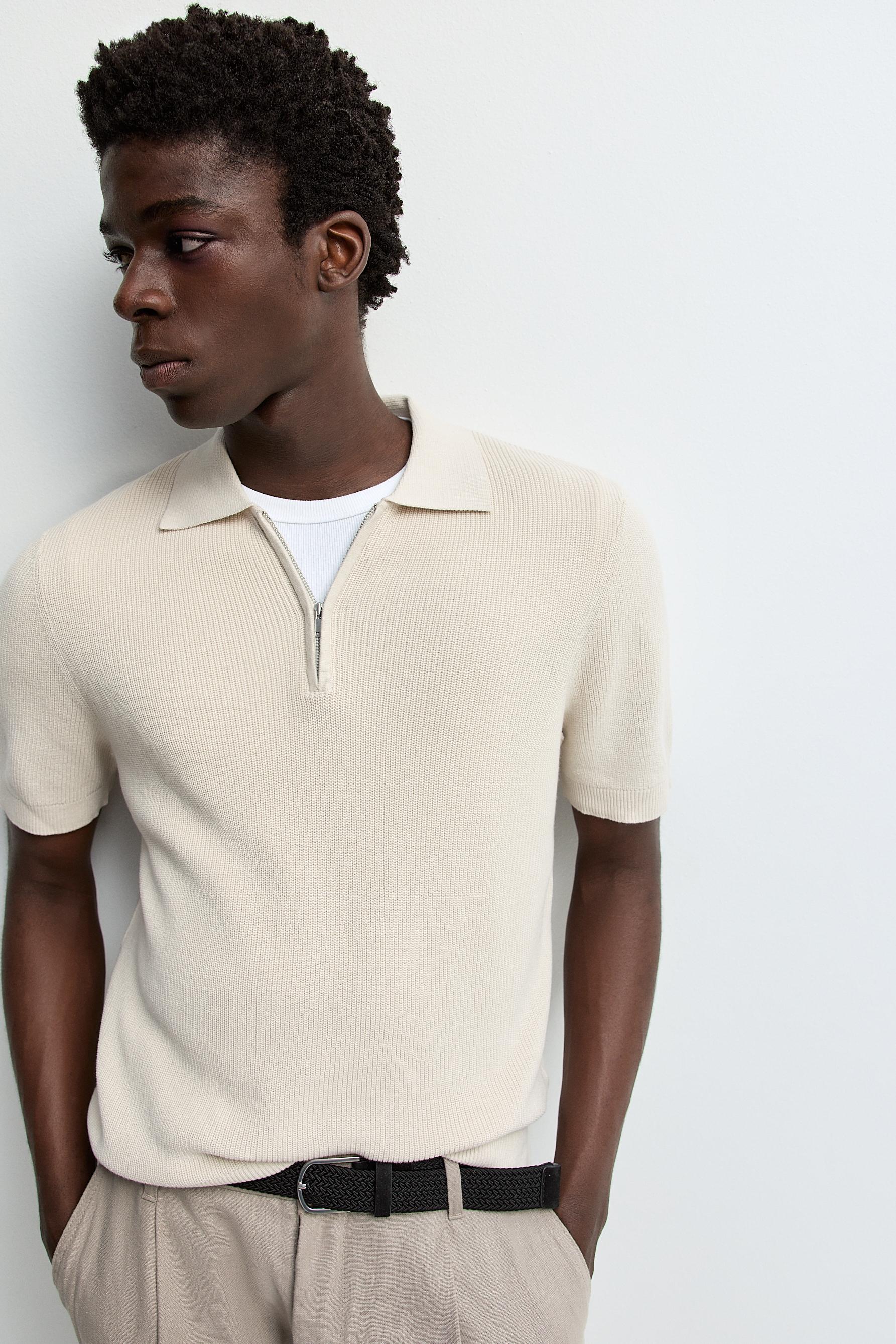 Zip-up knit polo — BEIGE