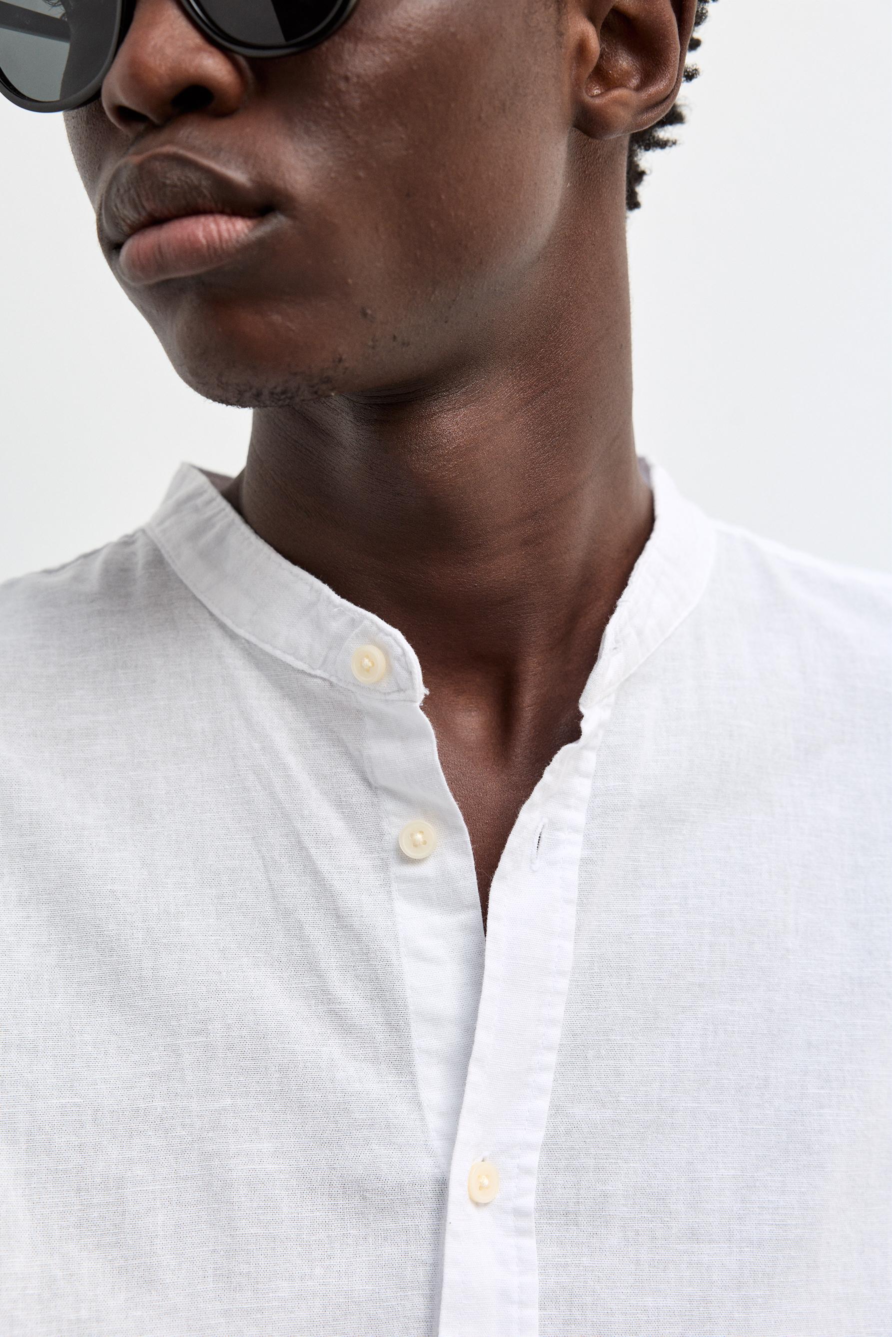 Linen and cotton stand collar shirt — WHITE