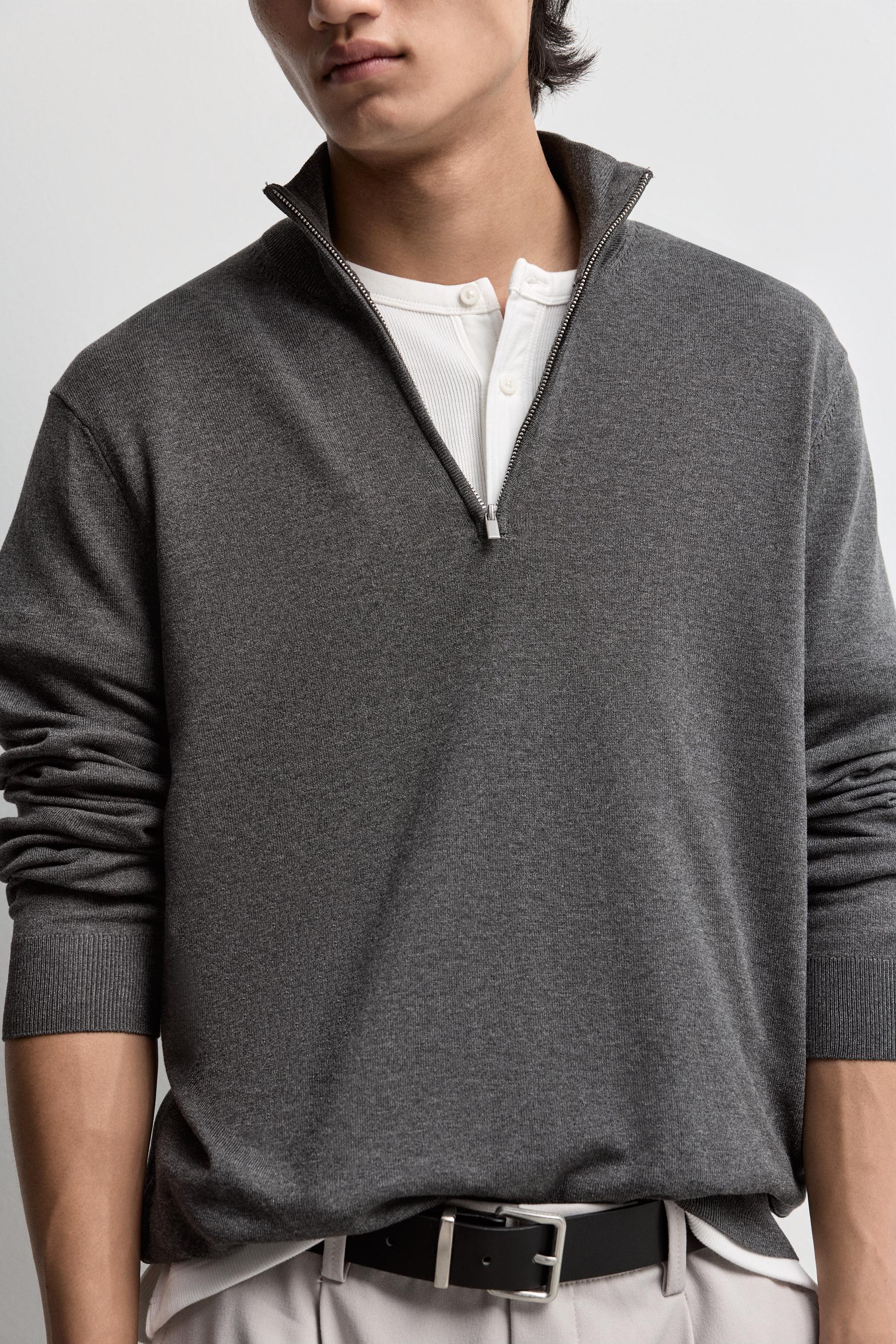 Zip-up high neck sweater — DARK GREY MARL