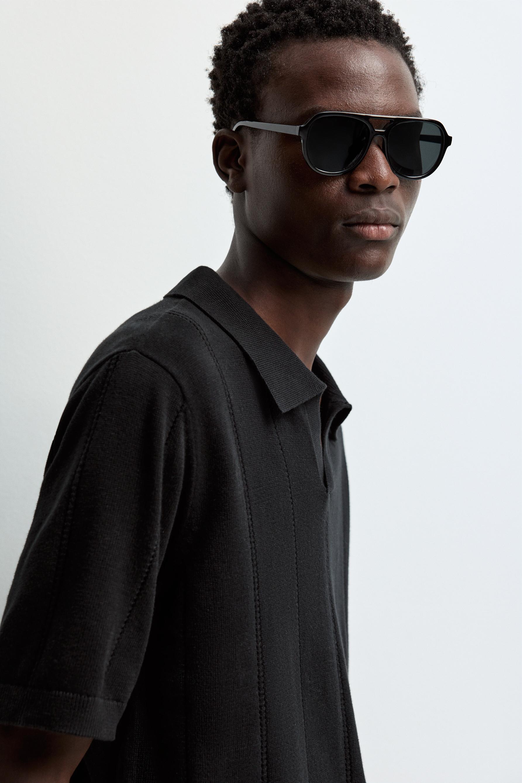 Openwork knit polo shirt — BLACK