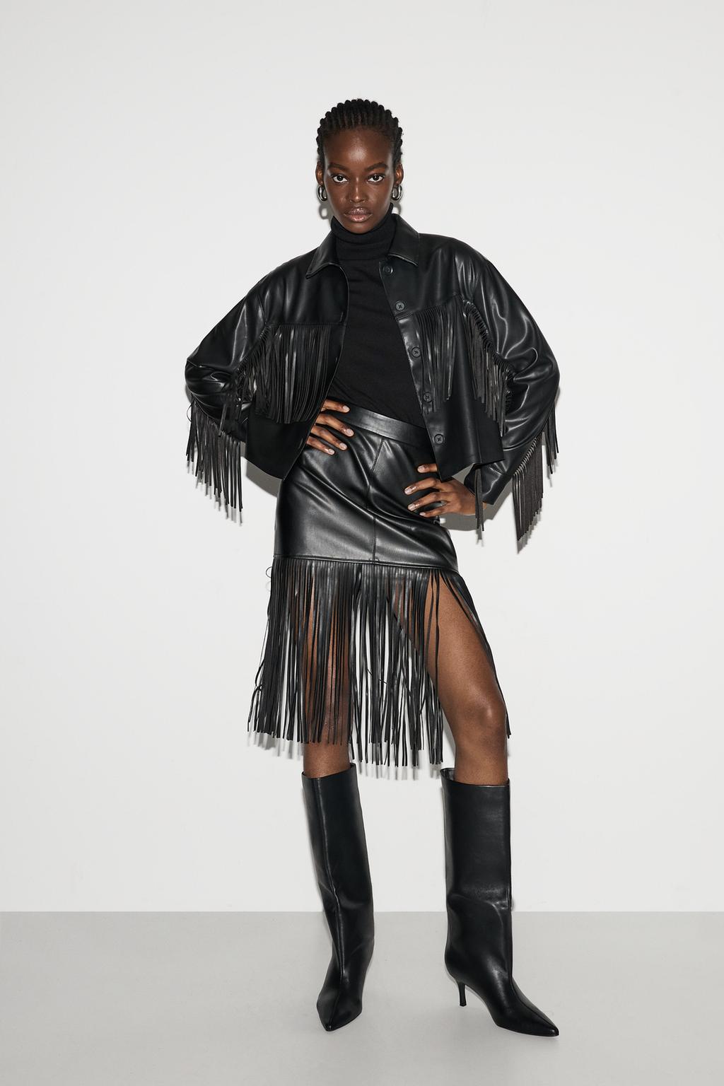 Fustă imitație de piele cu franjuri