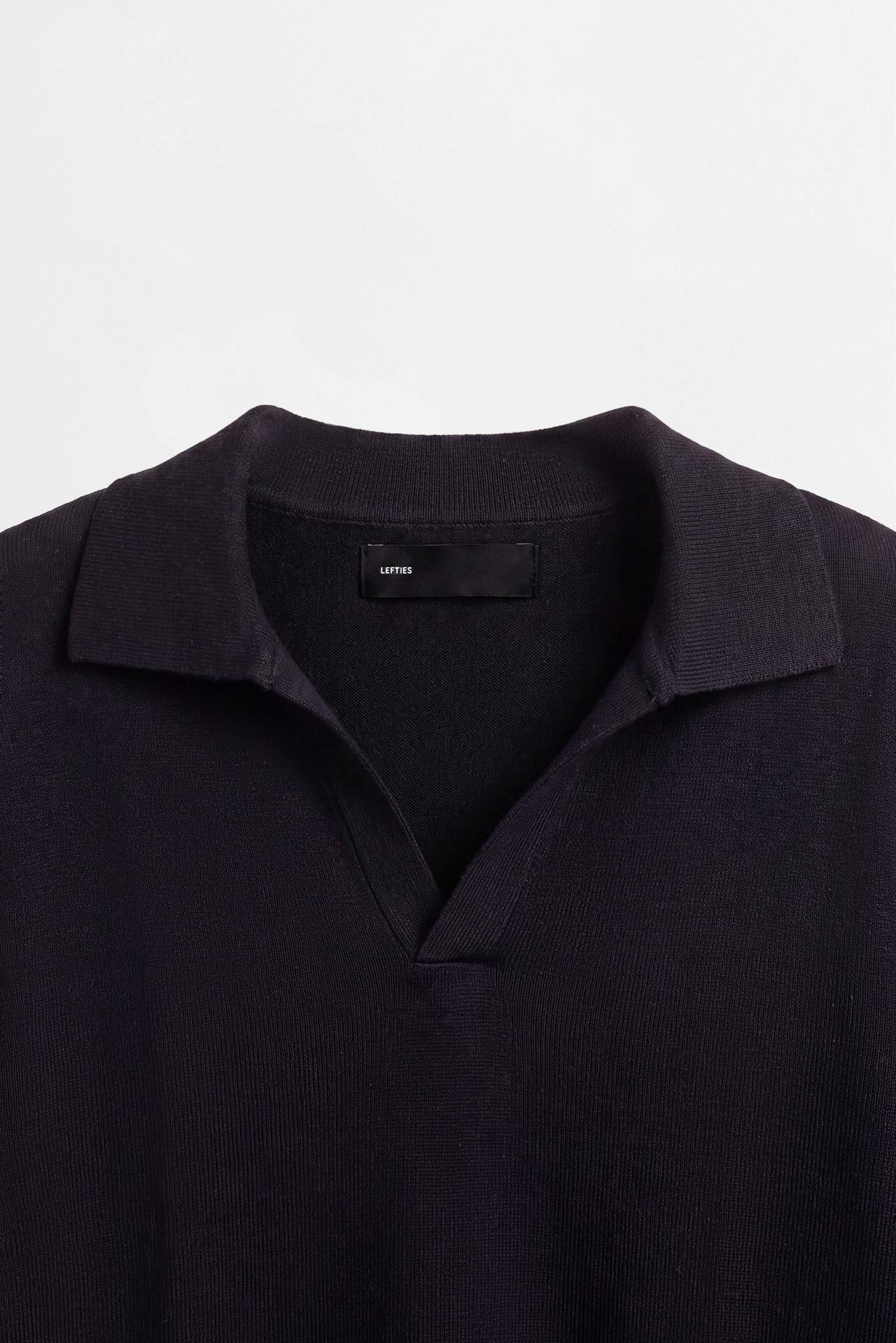 Long sleeve knit polo shirt — BLACK