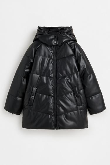 Leather effect puffer coat — BLACK 1