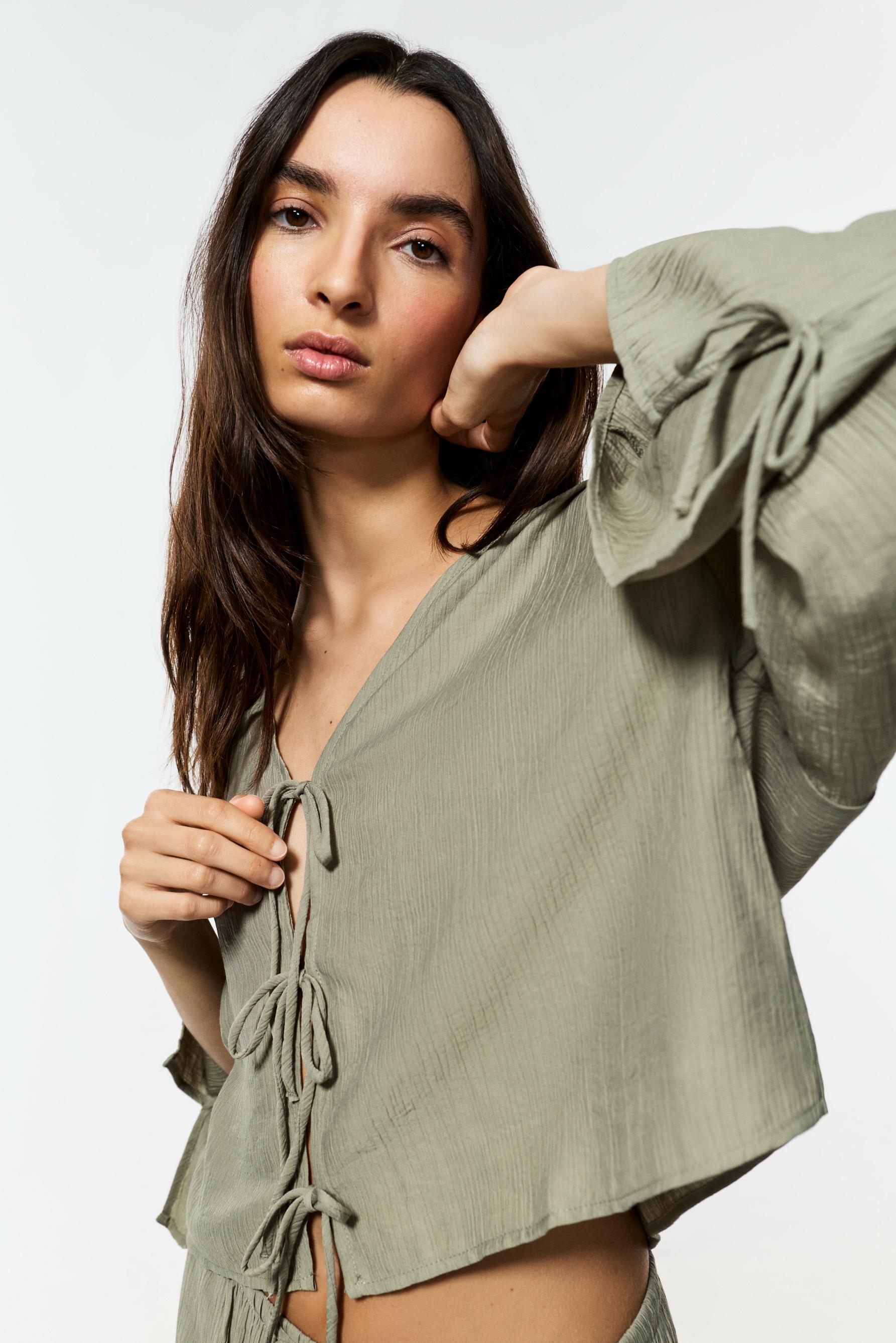 Textured tie-front shirt — PALE KHAKI
