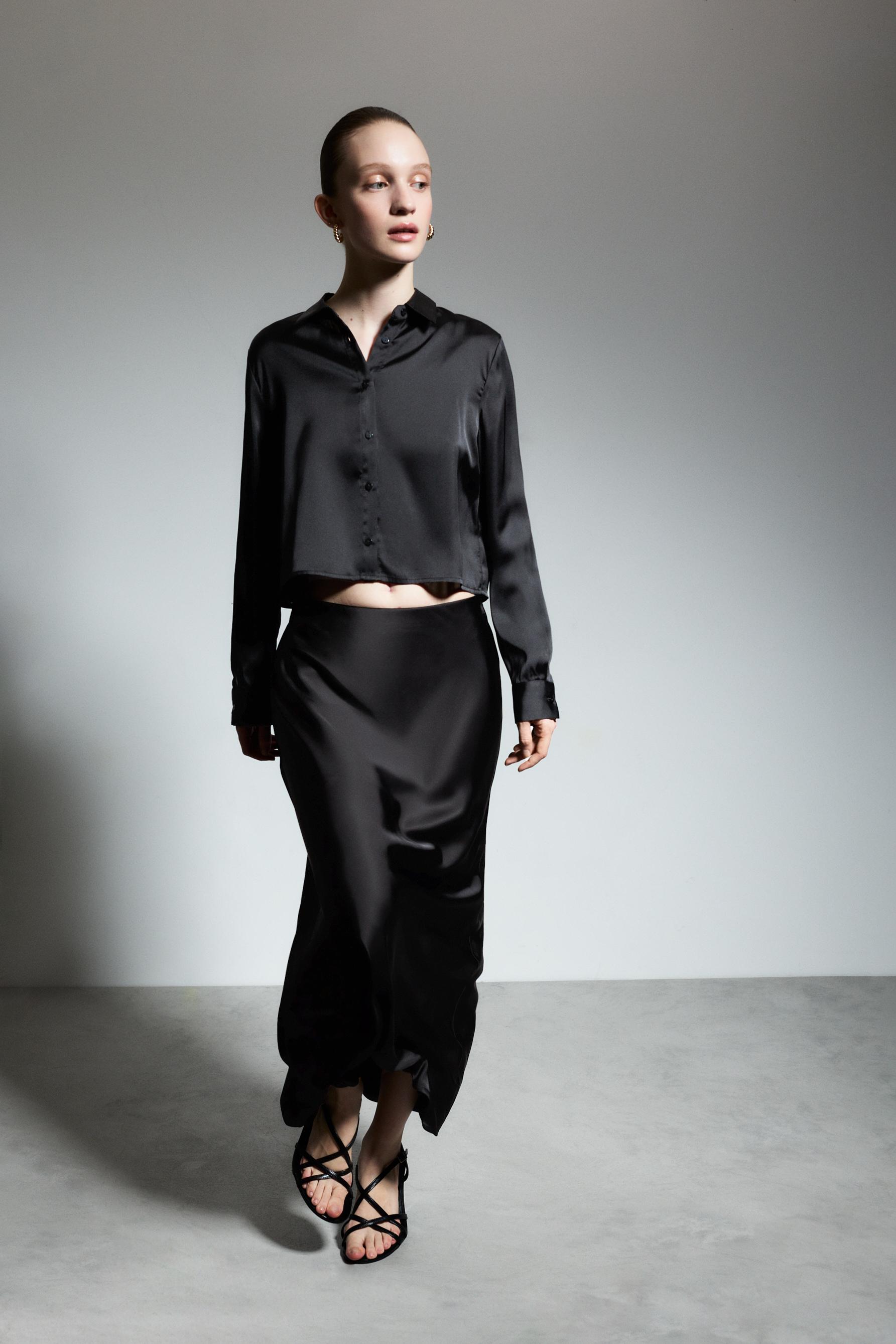 Satin midi skirt — BLACK