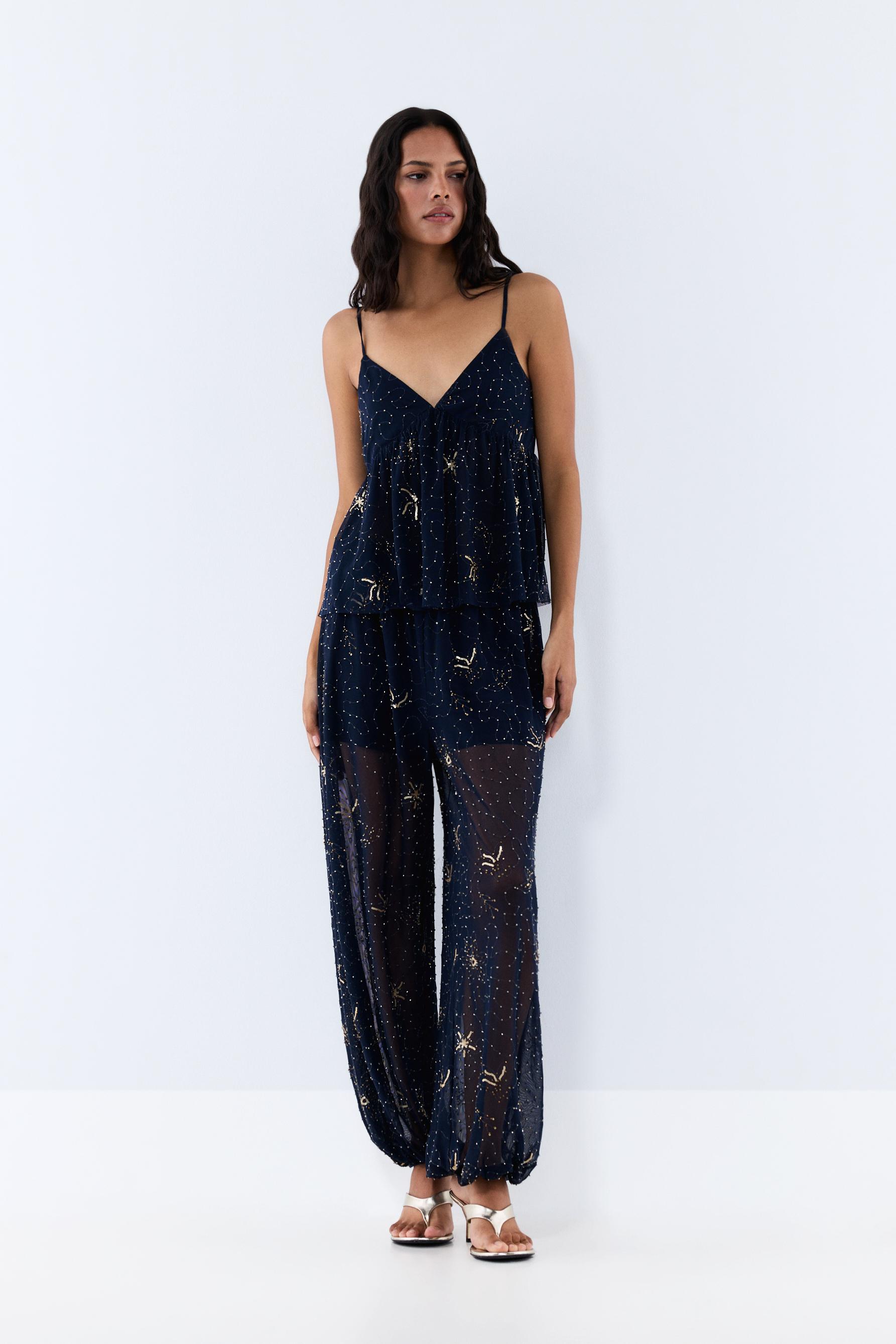 Rhinestone embroidered sarouel trousers — DARK NAVY