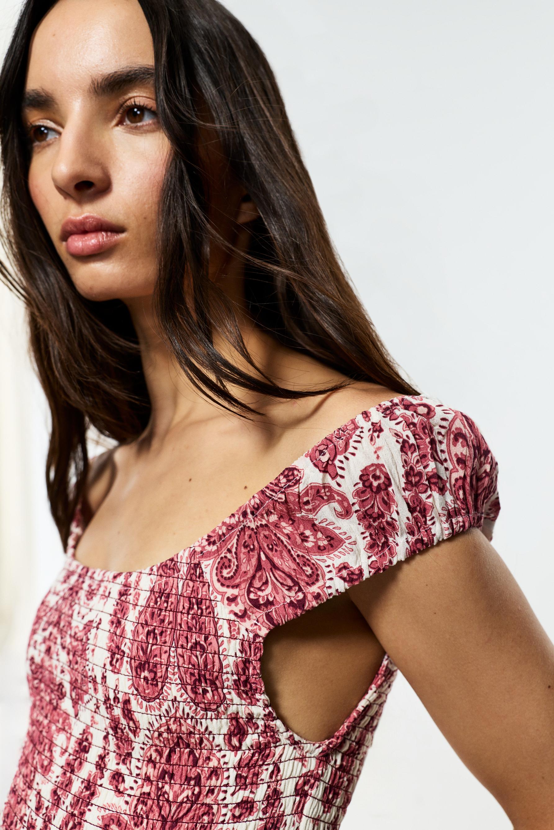 Smocked midi dress — BURGUNDY/ECRU