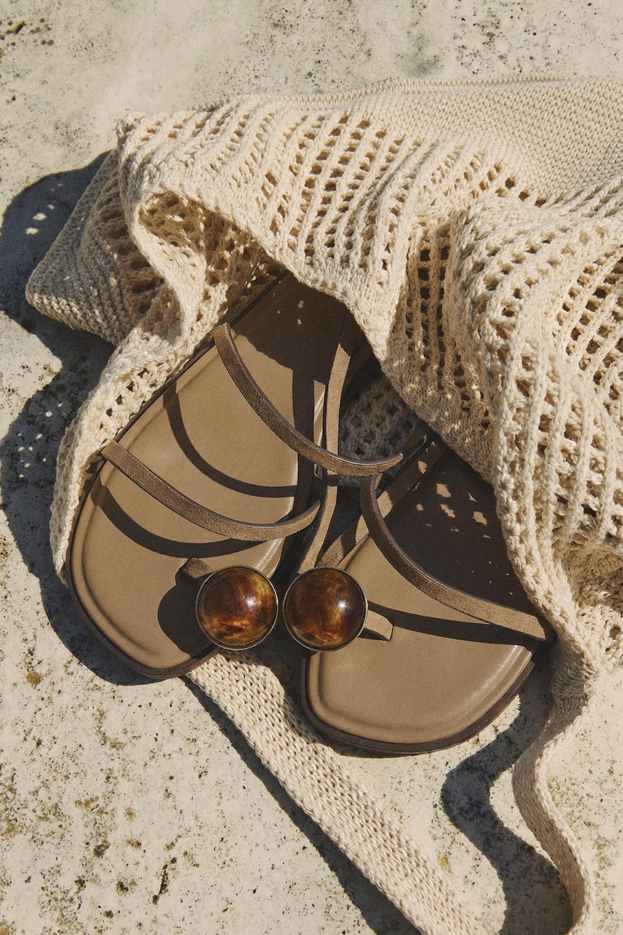 Jeweled flat slider sandals — BROWN