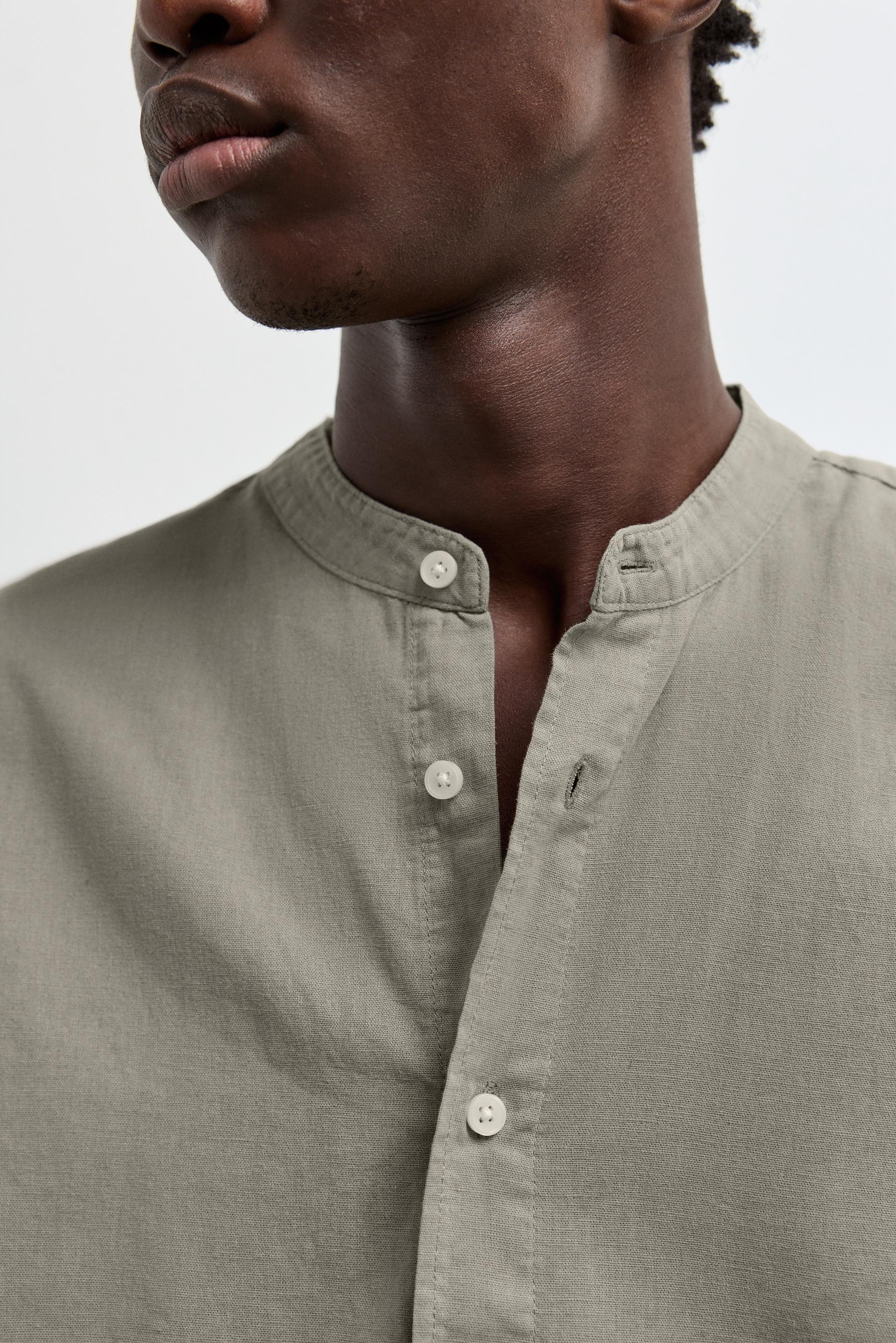 Linen-cotton stand collar shirt — PALE KHAKI