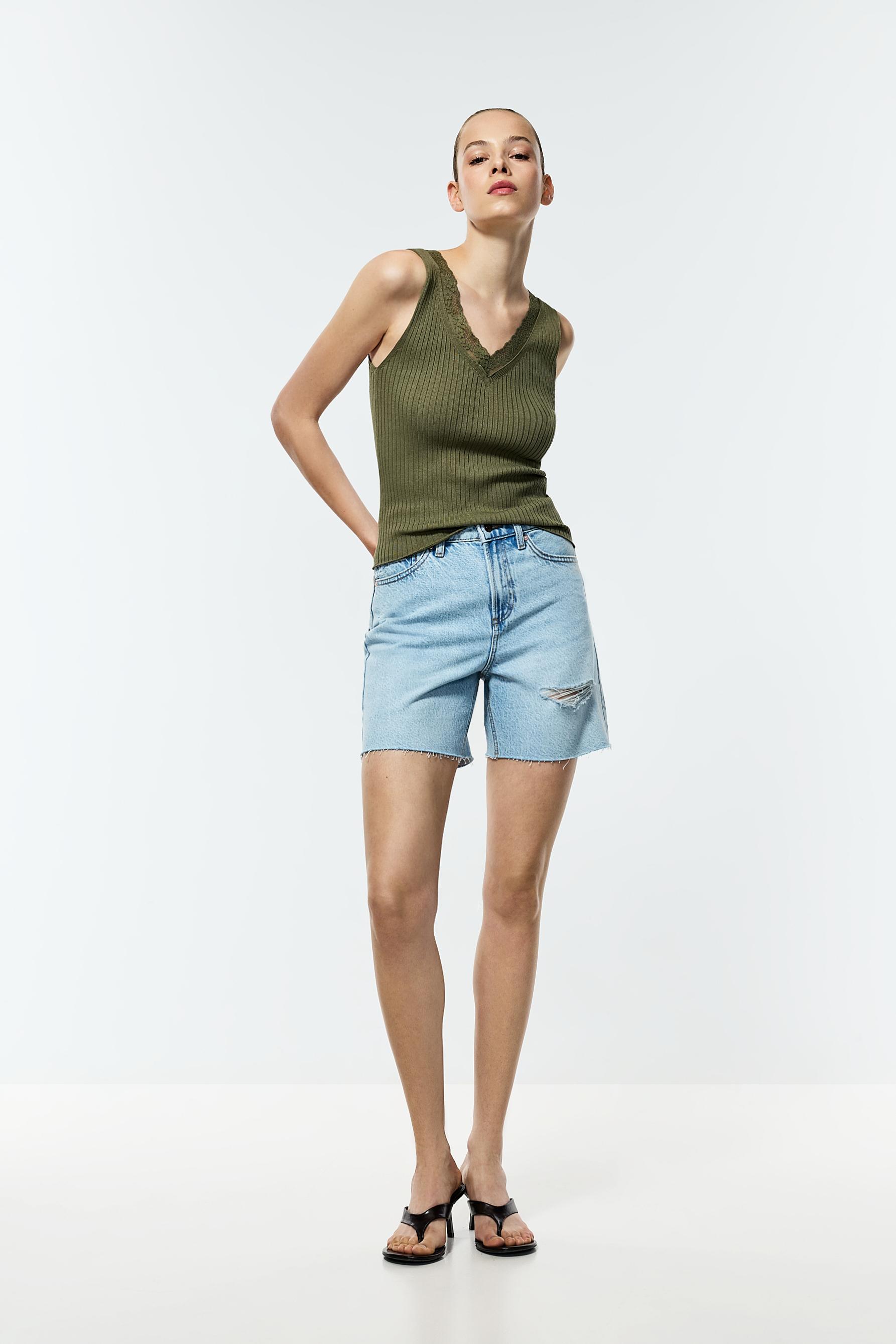 Ribbed lace knit top — KHAKI