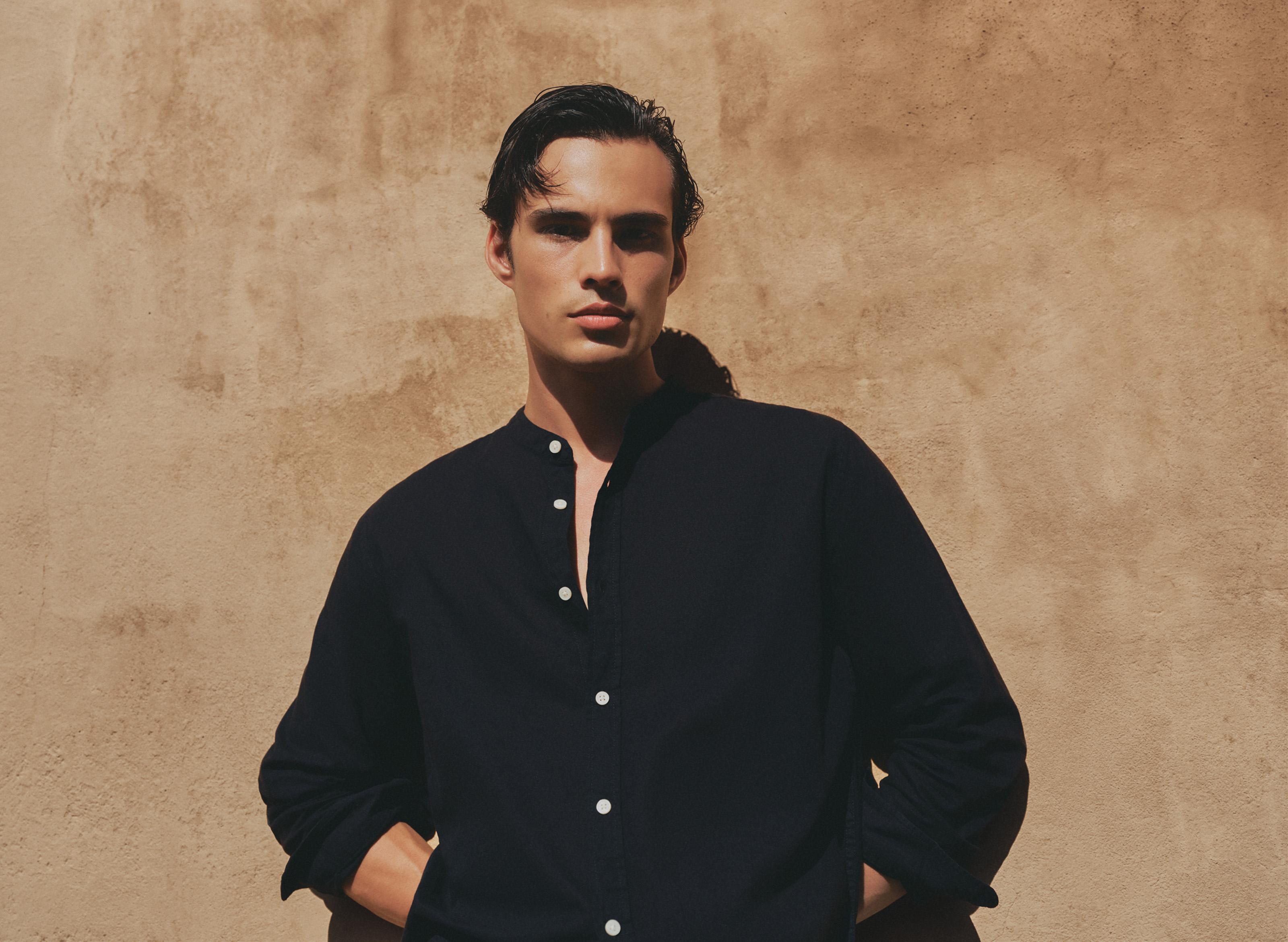 Linen and cotton stand collar shirt — BLACK