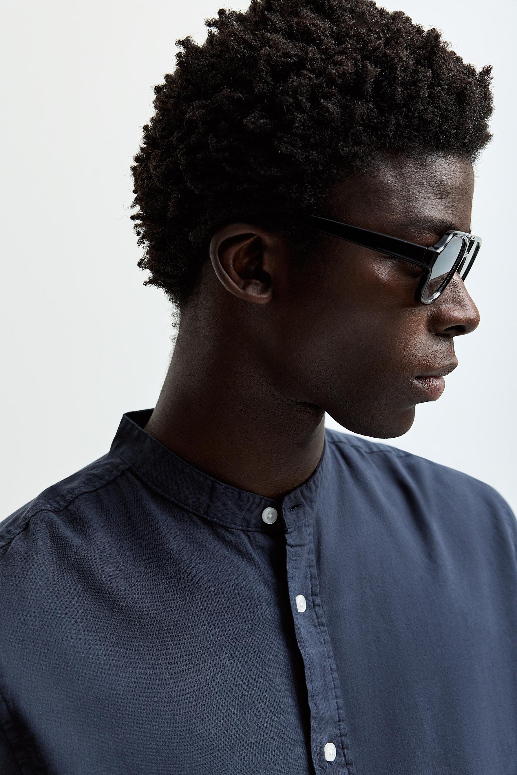 Linen and cotton stand collar shirt — NAVY