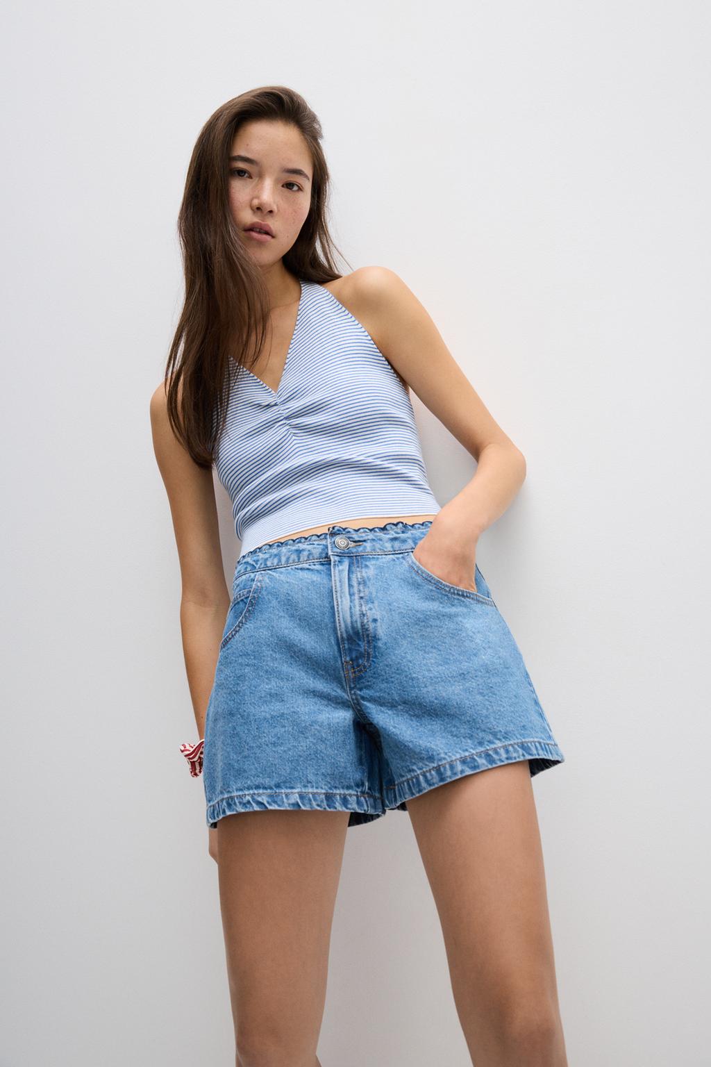Pantalón curto denim ondas