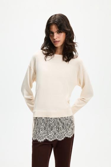 Lace hem sweater — CREAM 2
