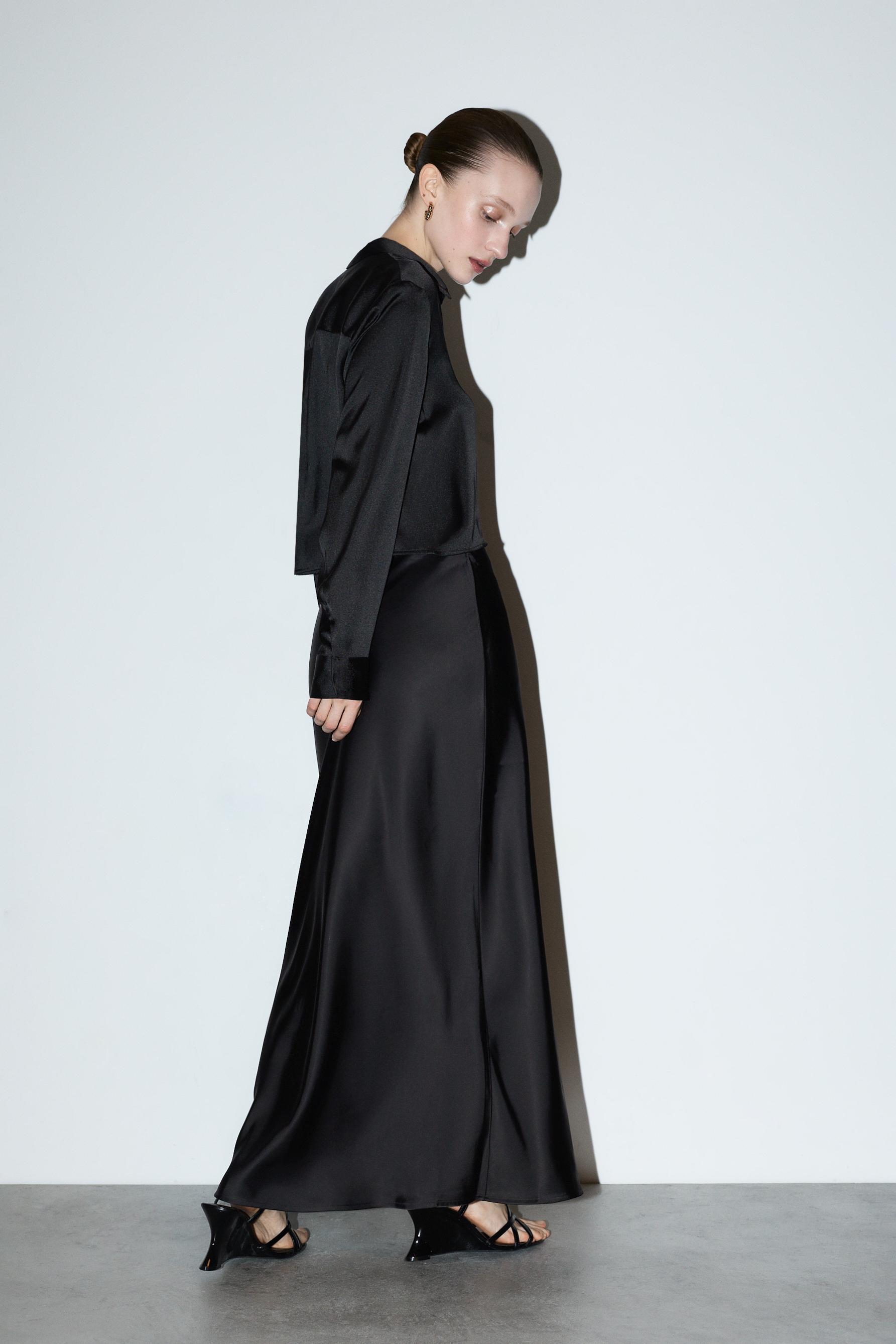Satin midi skirt — BLACK