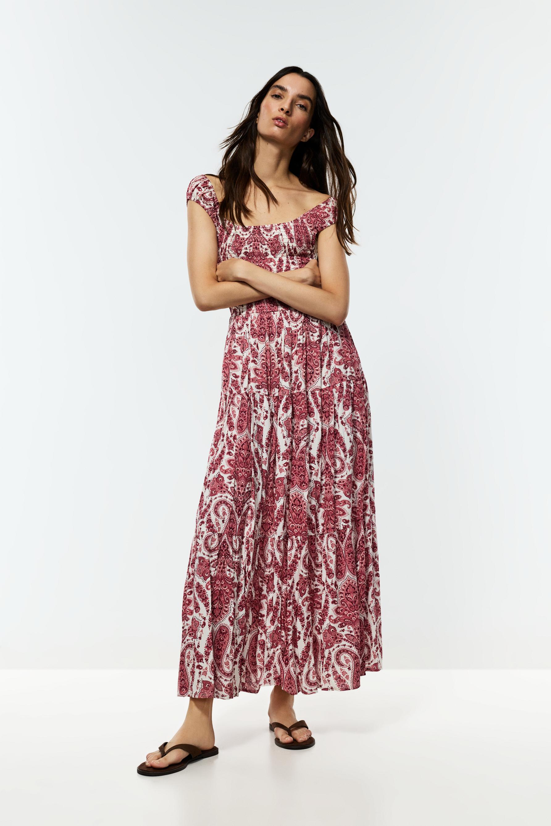Smocked midi dress — BURGUNDY/ECRU