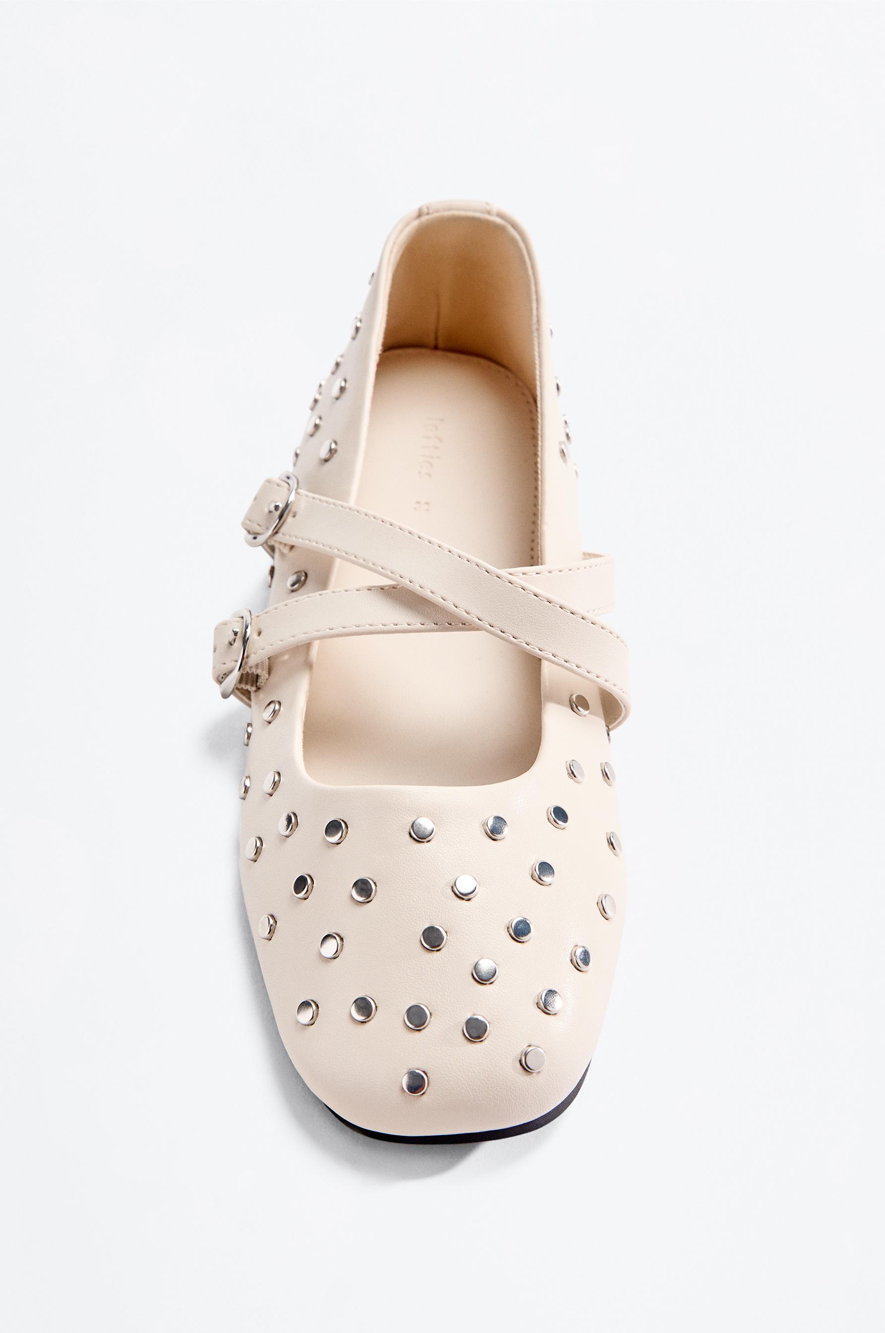 Girls' studded ballet flats — ECRU