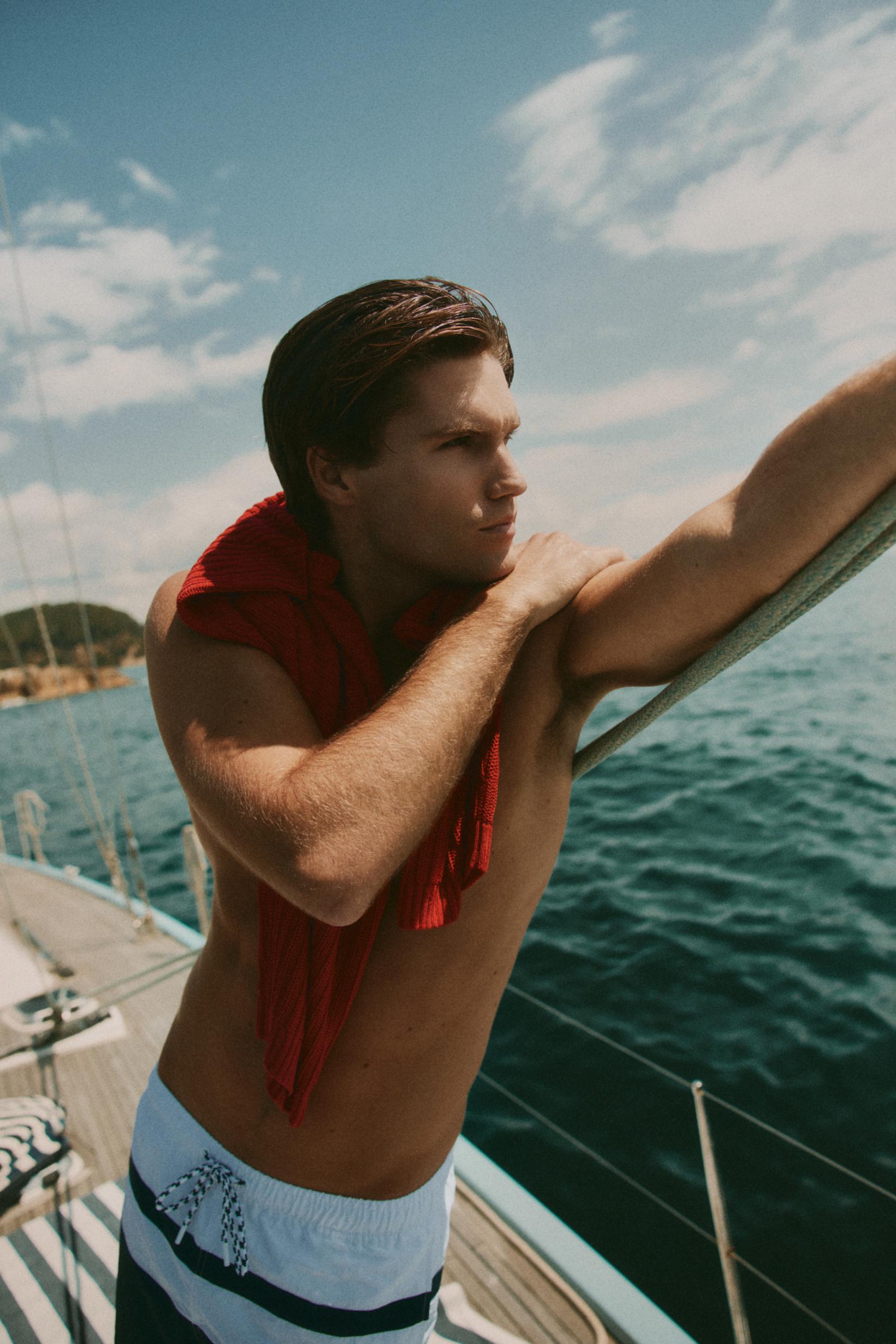 Long color block swim trunks — BLUE/WHITE