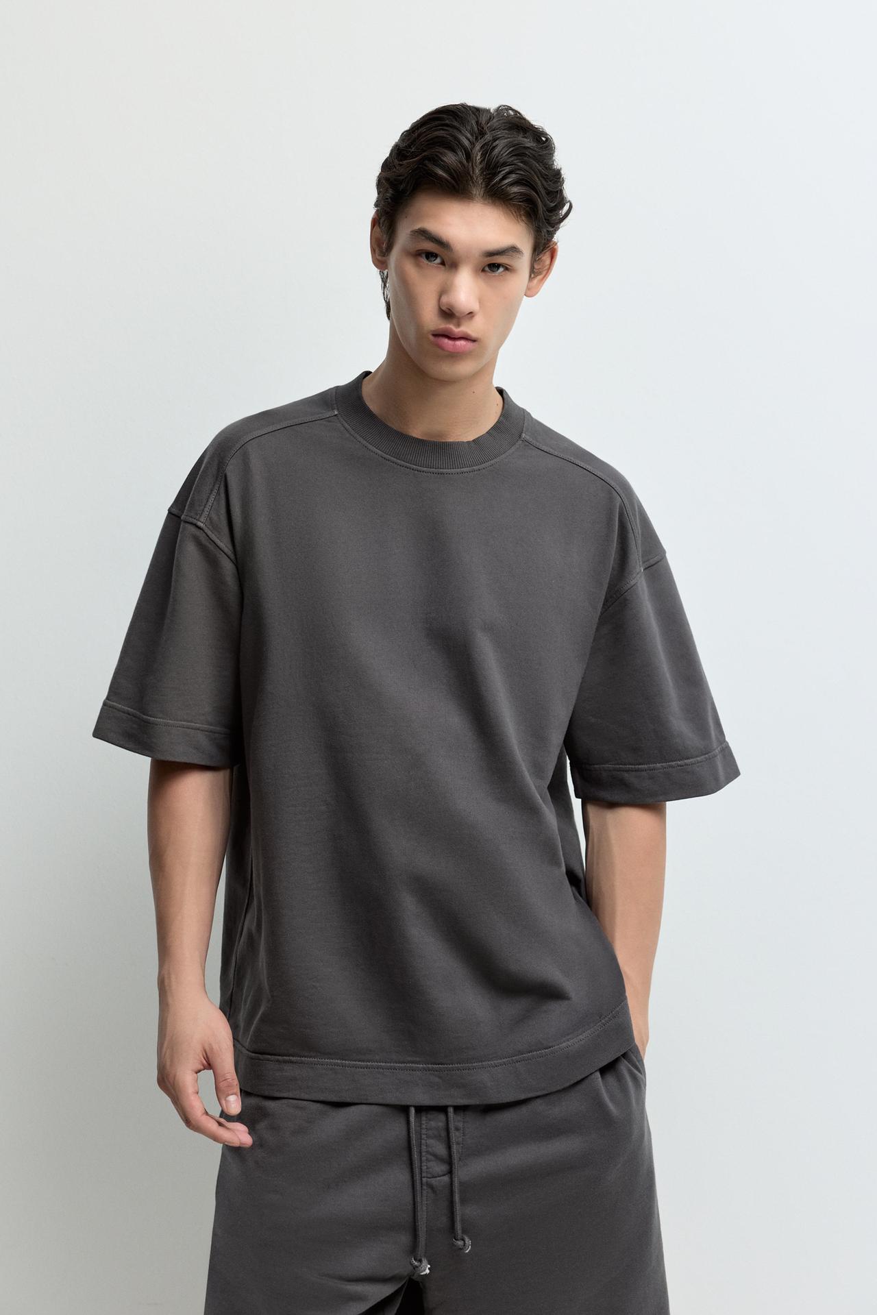 Faded-effect short sleeve sweatshirt — BLACK
