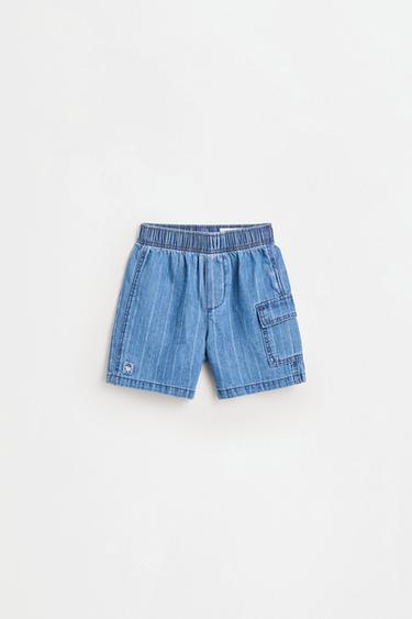 Striped denim cargo Bermuda shorts — BLUE 1