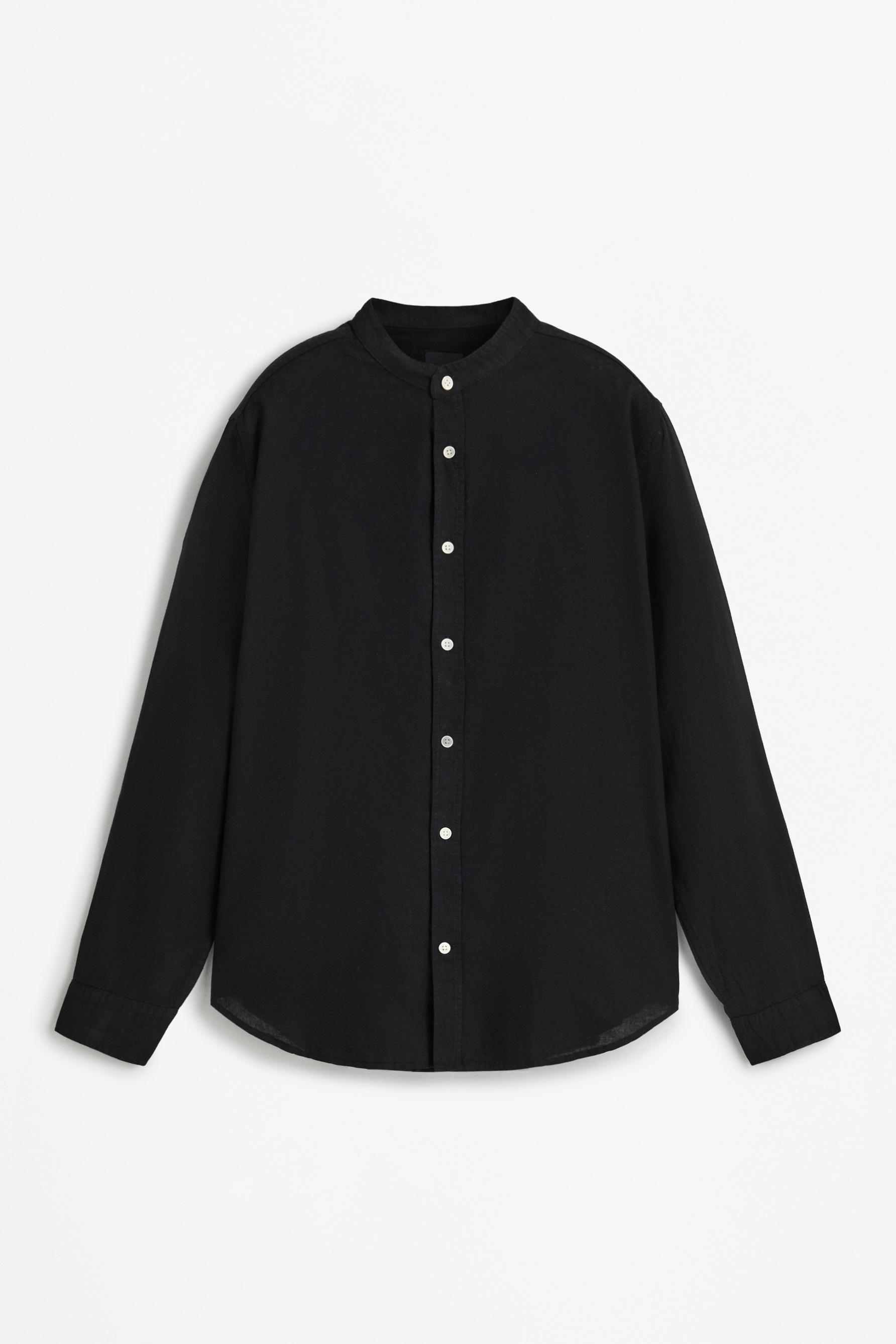 Linen and cotton stand collar shirt — BLACK