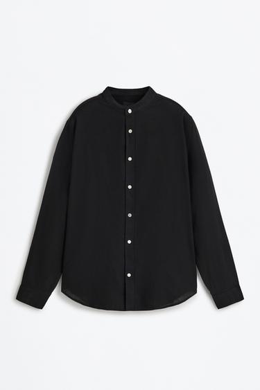 Linen and cotton stand collar shirt — BLACK 6