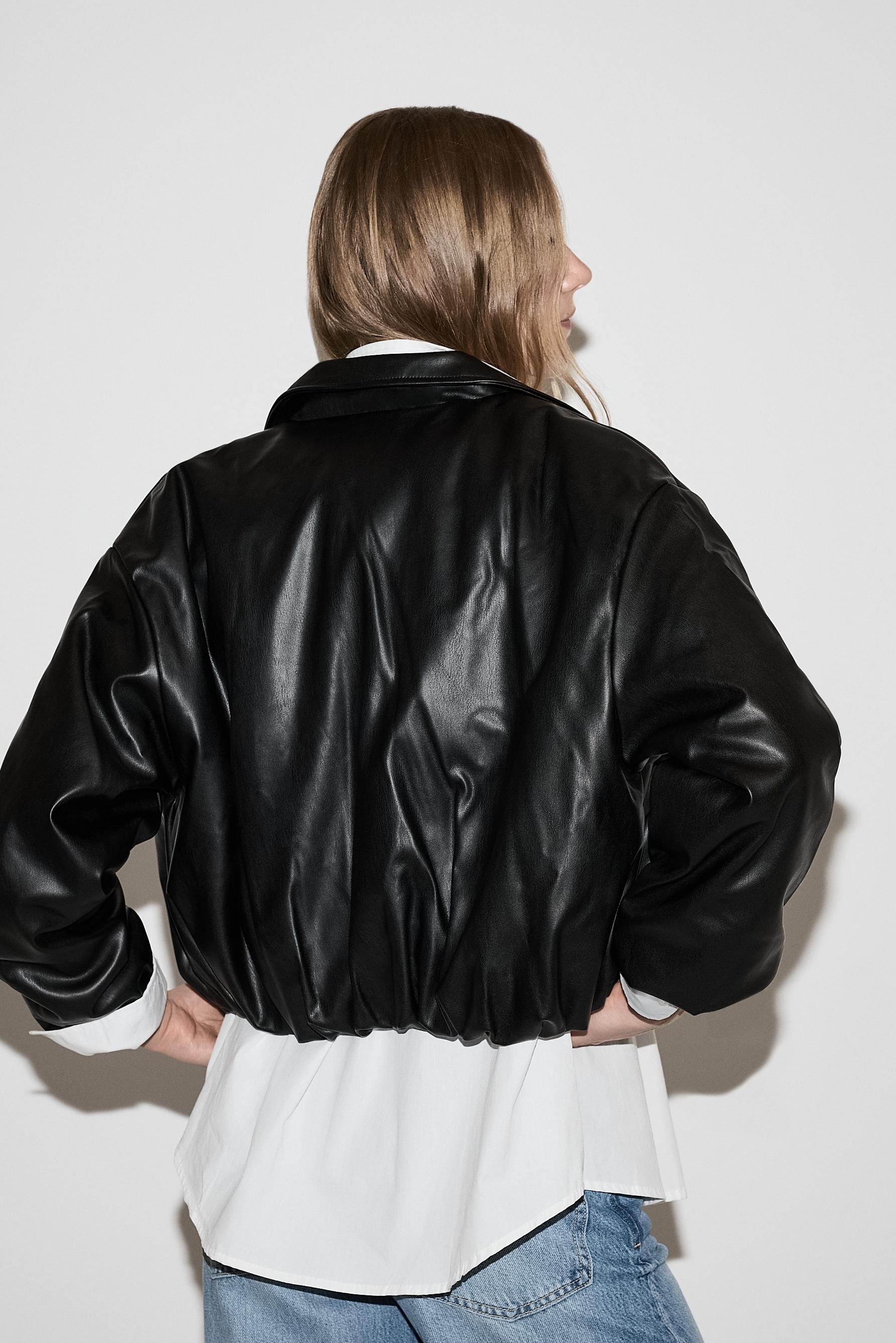 Voluminous leather effect bomber jacket — BLACK