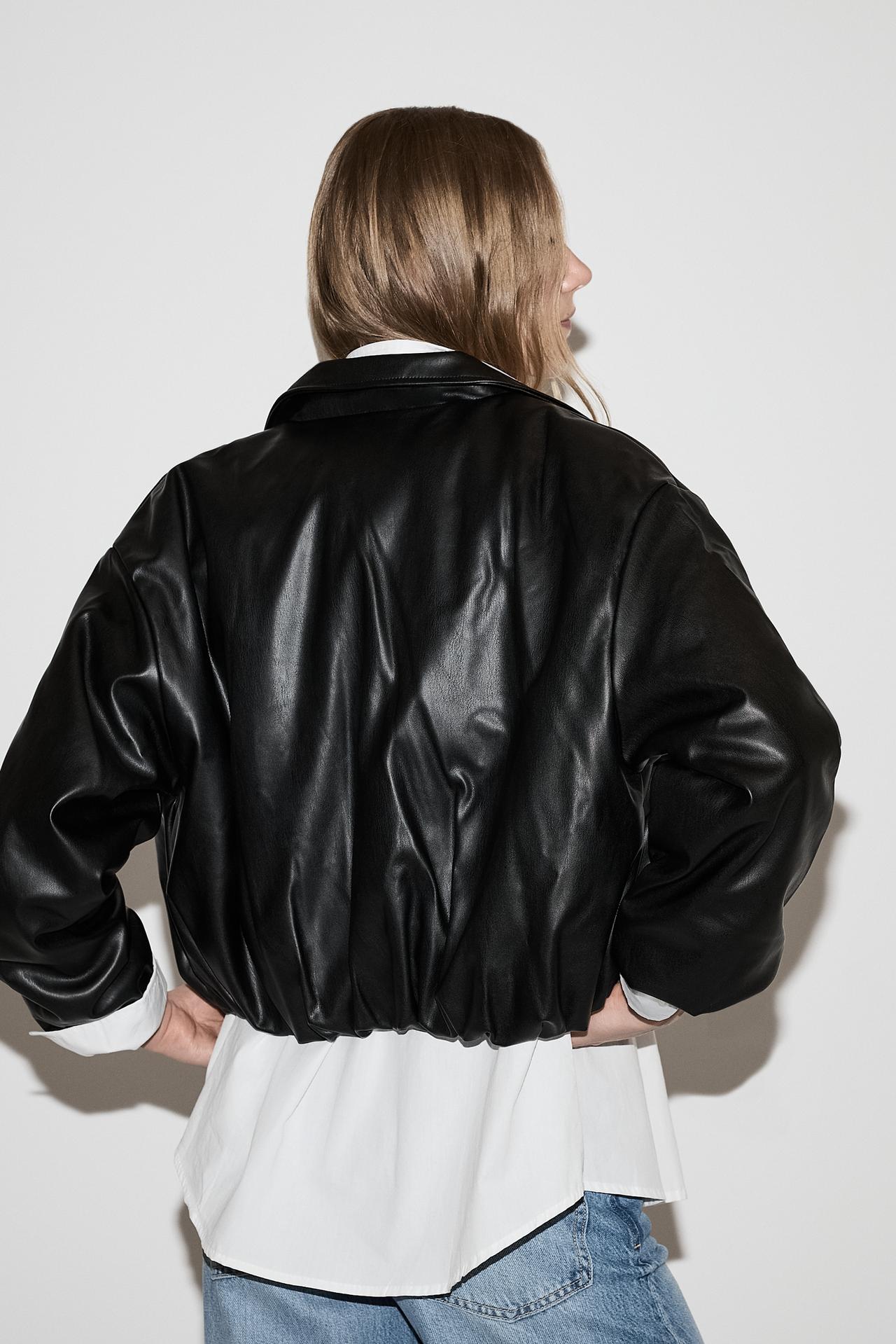Voluminous leather effect bomber jacket — BLACK